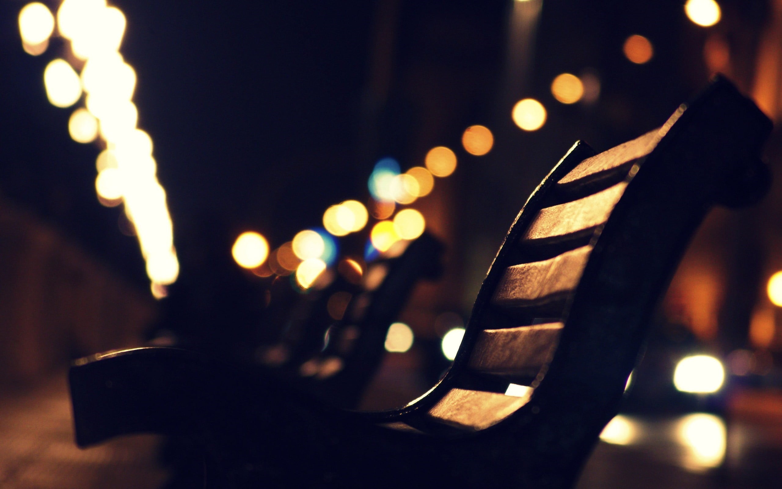 no people, street light, bench, night, city, wooden, lens flare, architecture, selective focus, decoration, light - natural phenomenon, 2K, lights, nature, HD Wallpaper