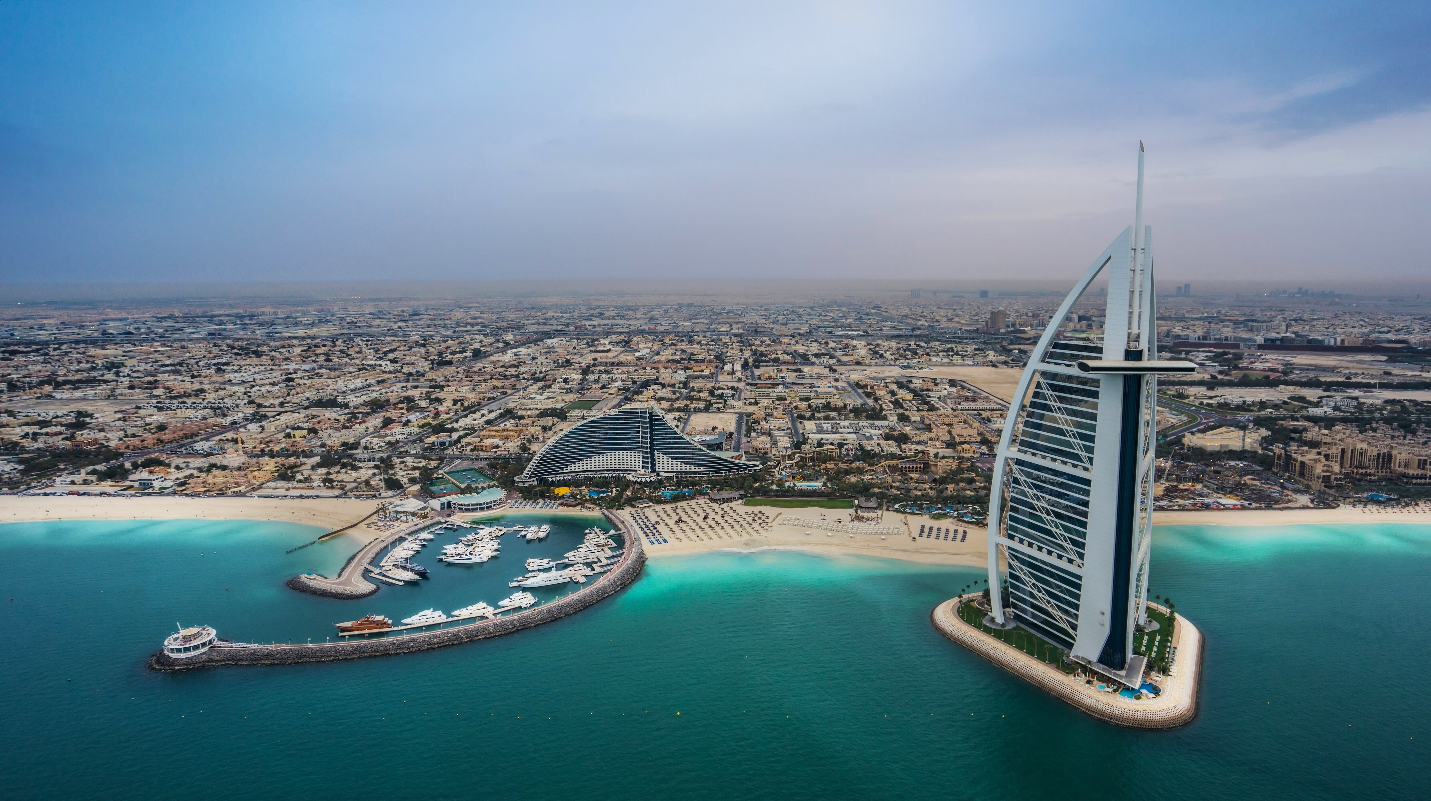 Borg El Arab, Bay, Dubai, UAE, sea, Burj Al Arab, hotels, Jumeirah Beach Hotel, The Persian Gulf, building, 4K, beach, Persian Golf, panorama, coast, HD Wallpaper