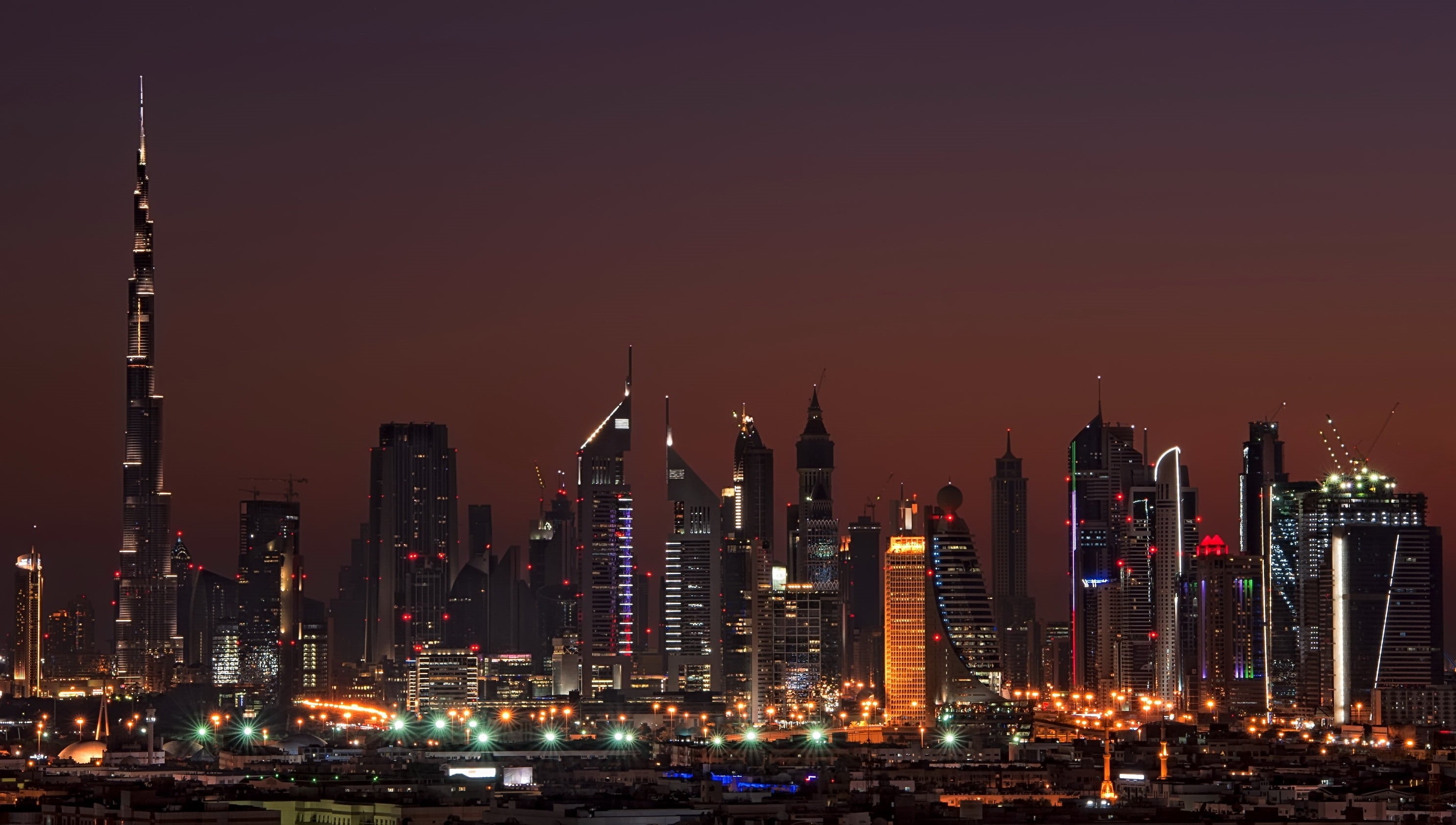 modern, panoramic, arabia, landscape, pudong, dubai, urban Skyline, rise, tower, skyscraper, spire, reflection, united Arab Emirates, blue, dusk, persian Gulf Countries, HD Wallpaper
