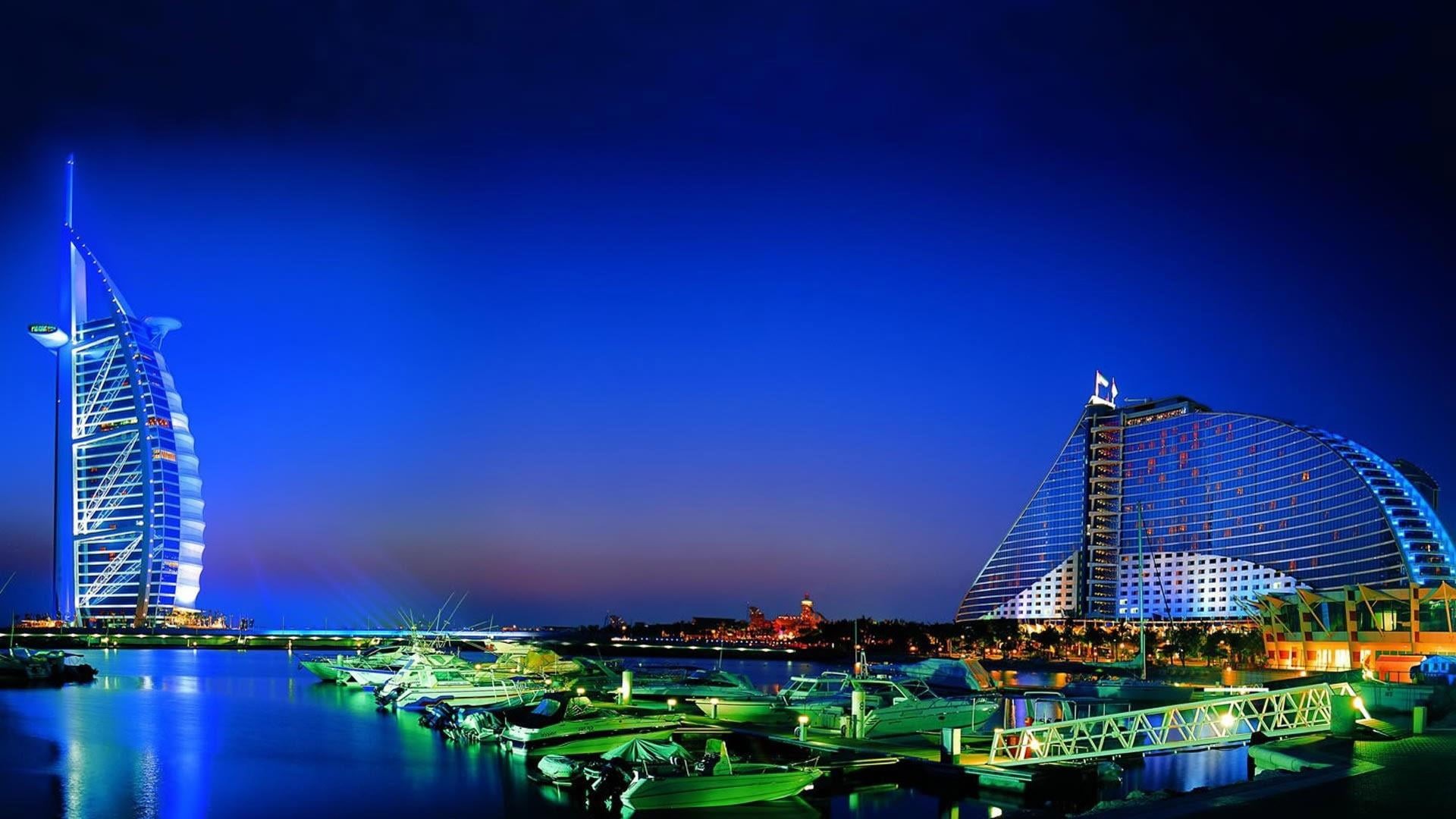 no people, office building exterior, dubai, illuminated, luxury, outdoors, asia, night sky, built structure, travel destinations, financial district, boats, HD Wallpaper