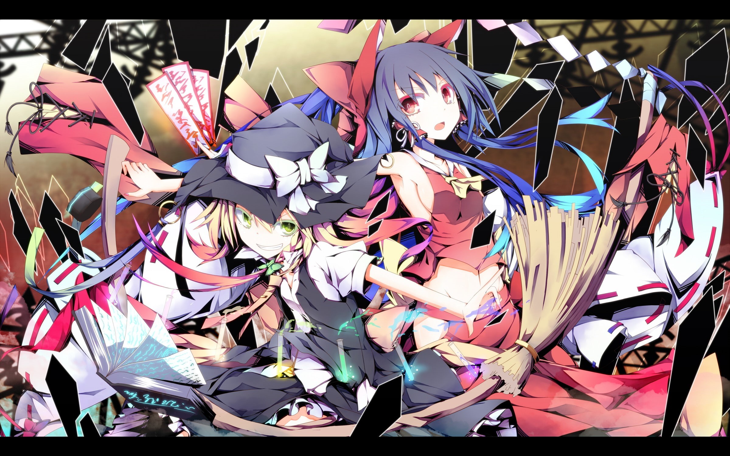 navels, Touhou, 1080P, miko, anime girls, Kirisame Marisa, Hakurei Reimu, anime, sideboob, HD Wallpaper