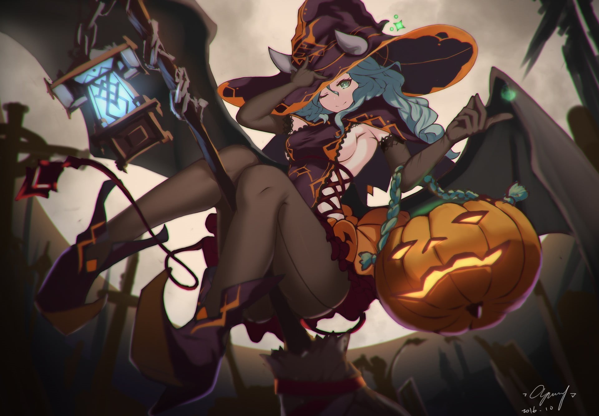 demon girls, craft, close-up, representation, 1080P, indoors, witches broom, Jack O Lantern, legs, mask - disguise, Halloween, sideboob, focus on foreground, HD Wallpaper