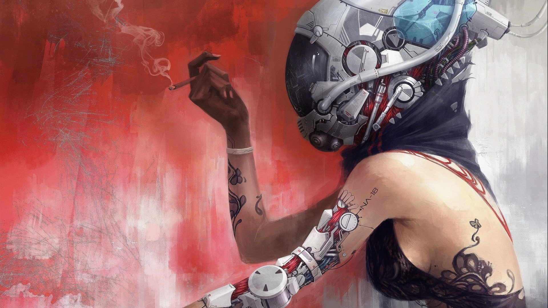 smoke, tattoo, sideboob, soft shading, helmet, women, cyberpunk, digital art, life, bare shoulders, bionics, wires, technology, 1080P, cyborg, futuristic, HD Wallpaper