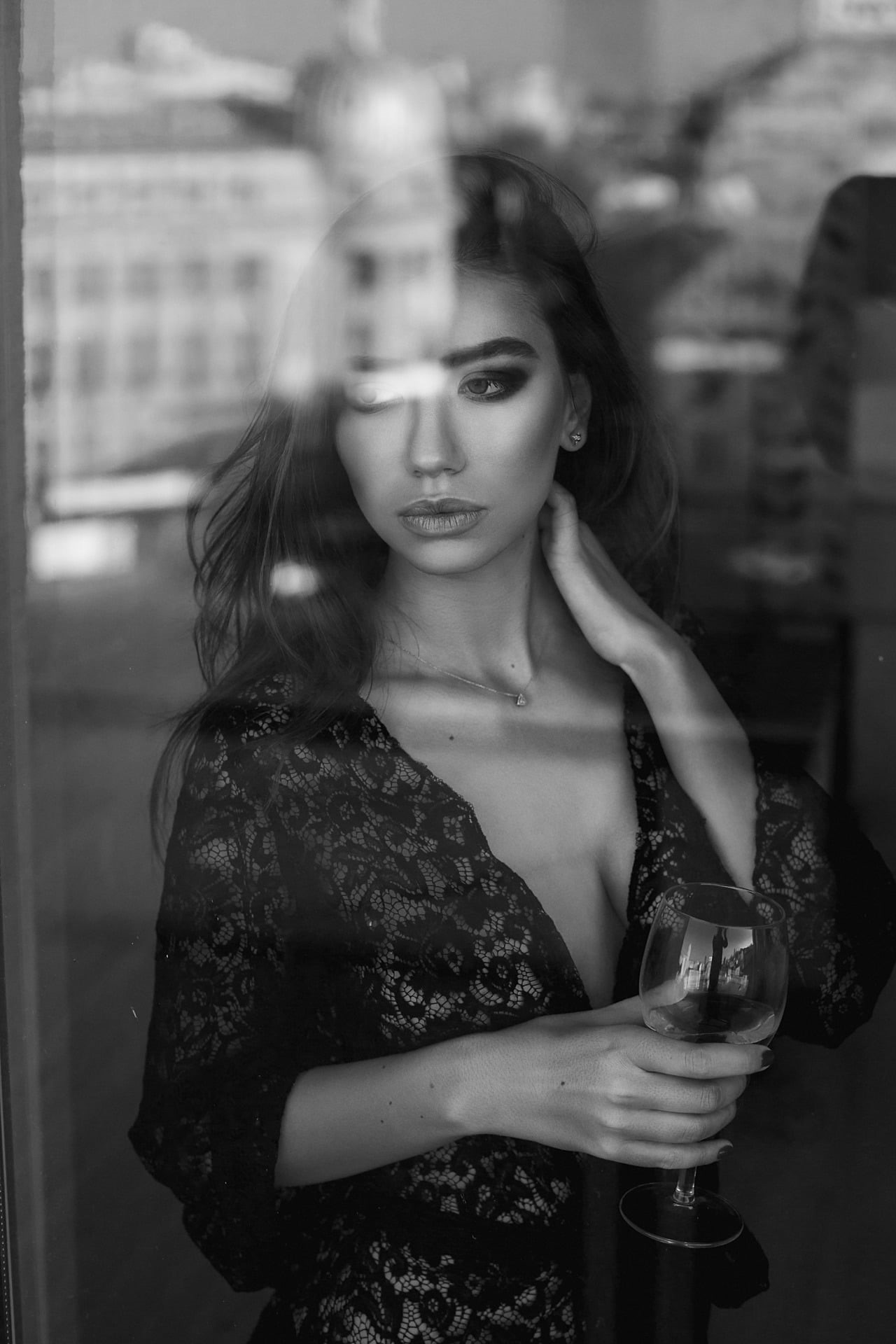 reflection, glass, brunette, portrait, looking at camera, model, 1080P, dress, hair, sideboob, one person, Corina Chivu, face, monochrome, long hair, young adult, Phone HD Wallpaper