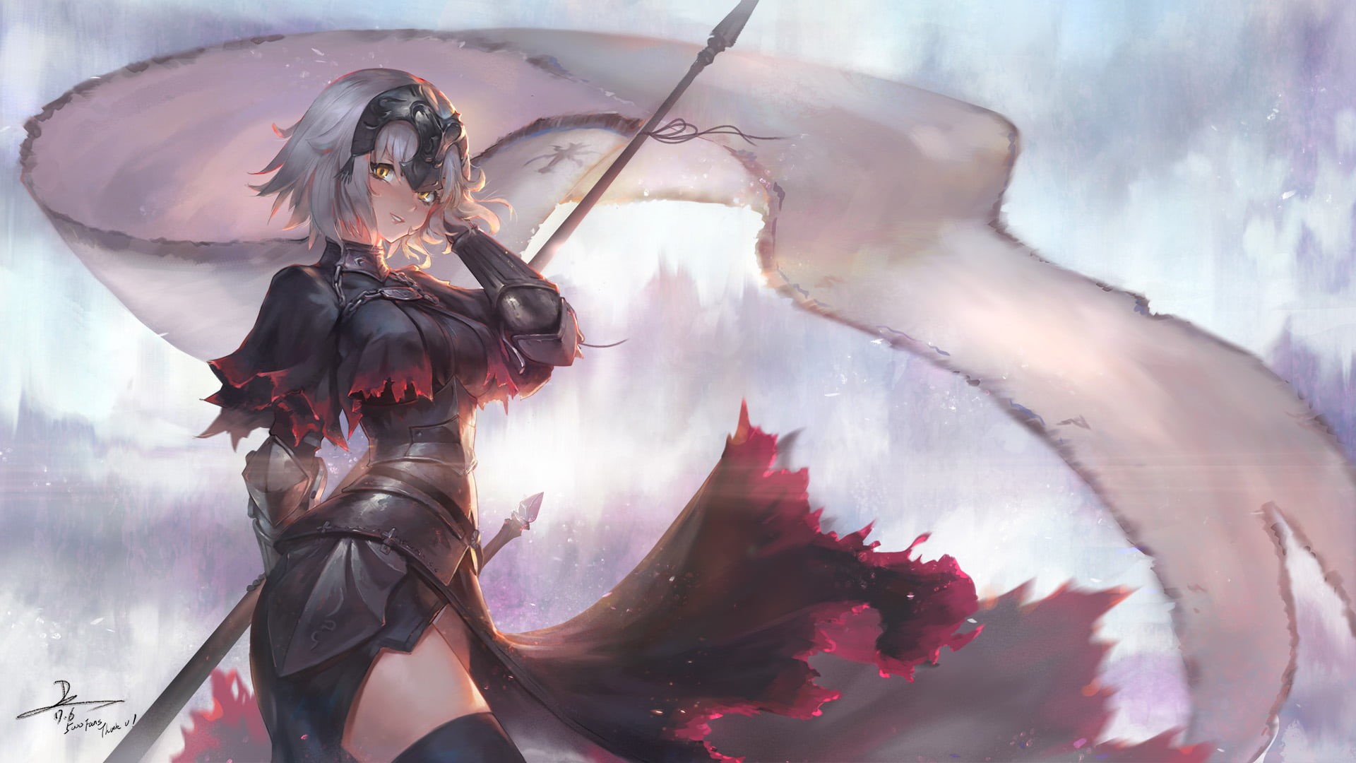 one person, short hair, sky, Fate/Grand Order, outdoors, gray hair, women, art and craft, weapon, sword, young adult, day, Jeanne darc alter, spear, digital composite, HD Wallpaper