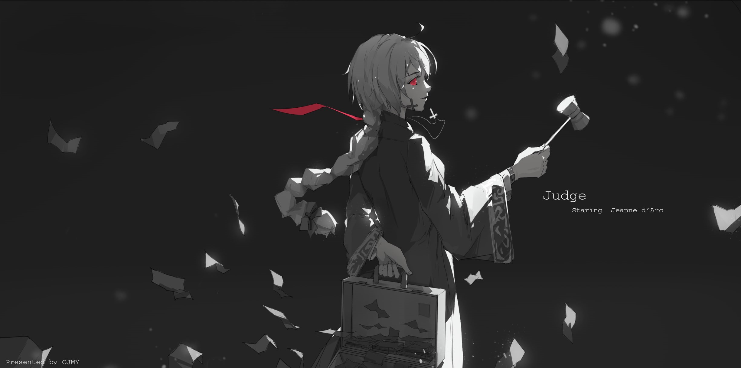 music, costume, holding, cross, dark, indoors, human representation, celebration, one person, red eyes, artist, anime girls, waist up, creativity, Ruler (Fate/Grand Order), HD Wallpaper