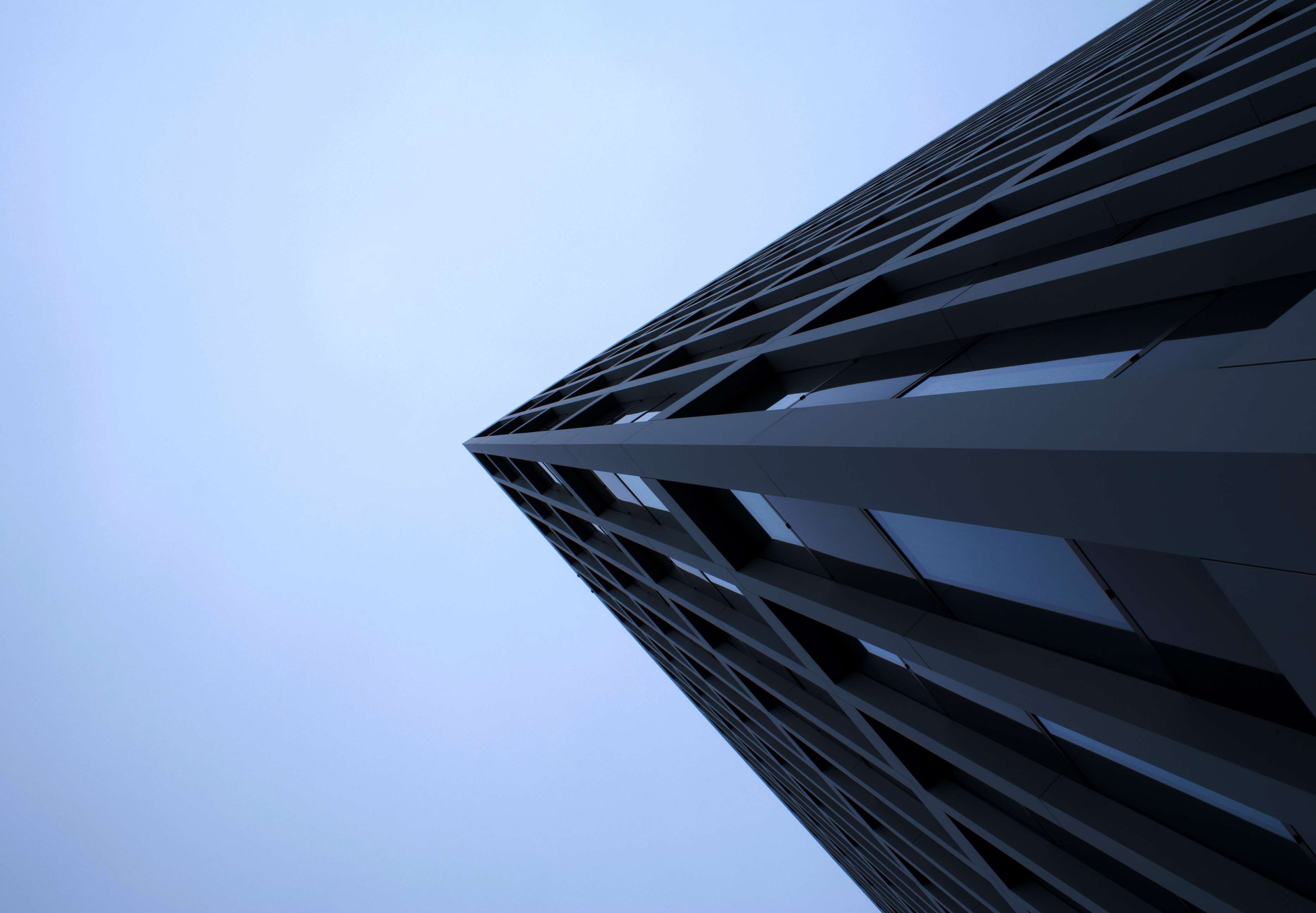 day, offices, concrete structure, blue, blue sky, architecture, directly below, office building exterior, sky, no people, window, nature, urban, contemporary, HD Wallpaper