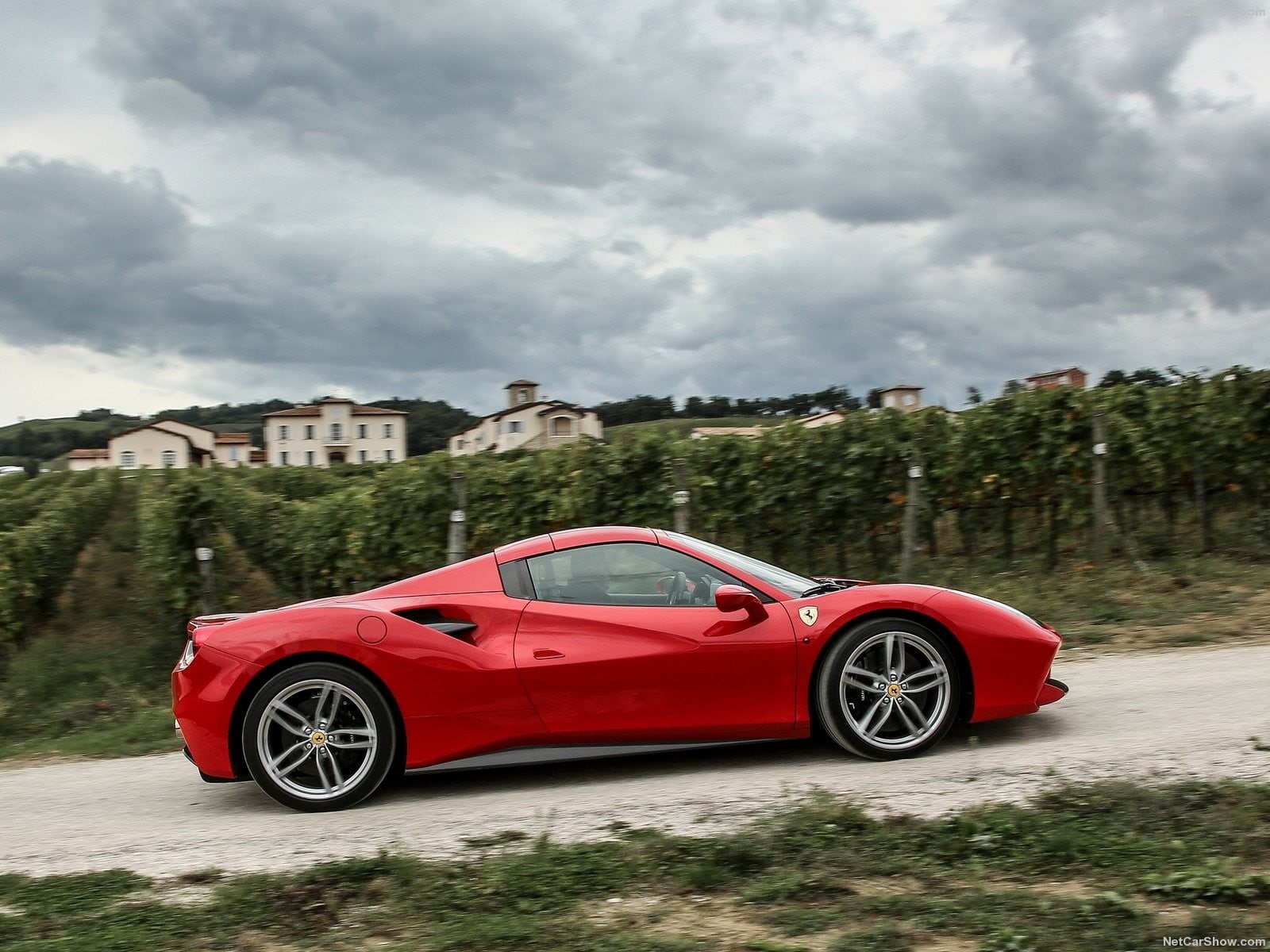 motor vehicle, car, overcast, luxury, red, 720P, storm, Ferrari 488 GTB, plant, transportation, Ferrari, day, land, tree, no people, road trip, sports car, HD Wallpaper
