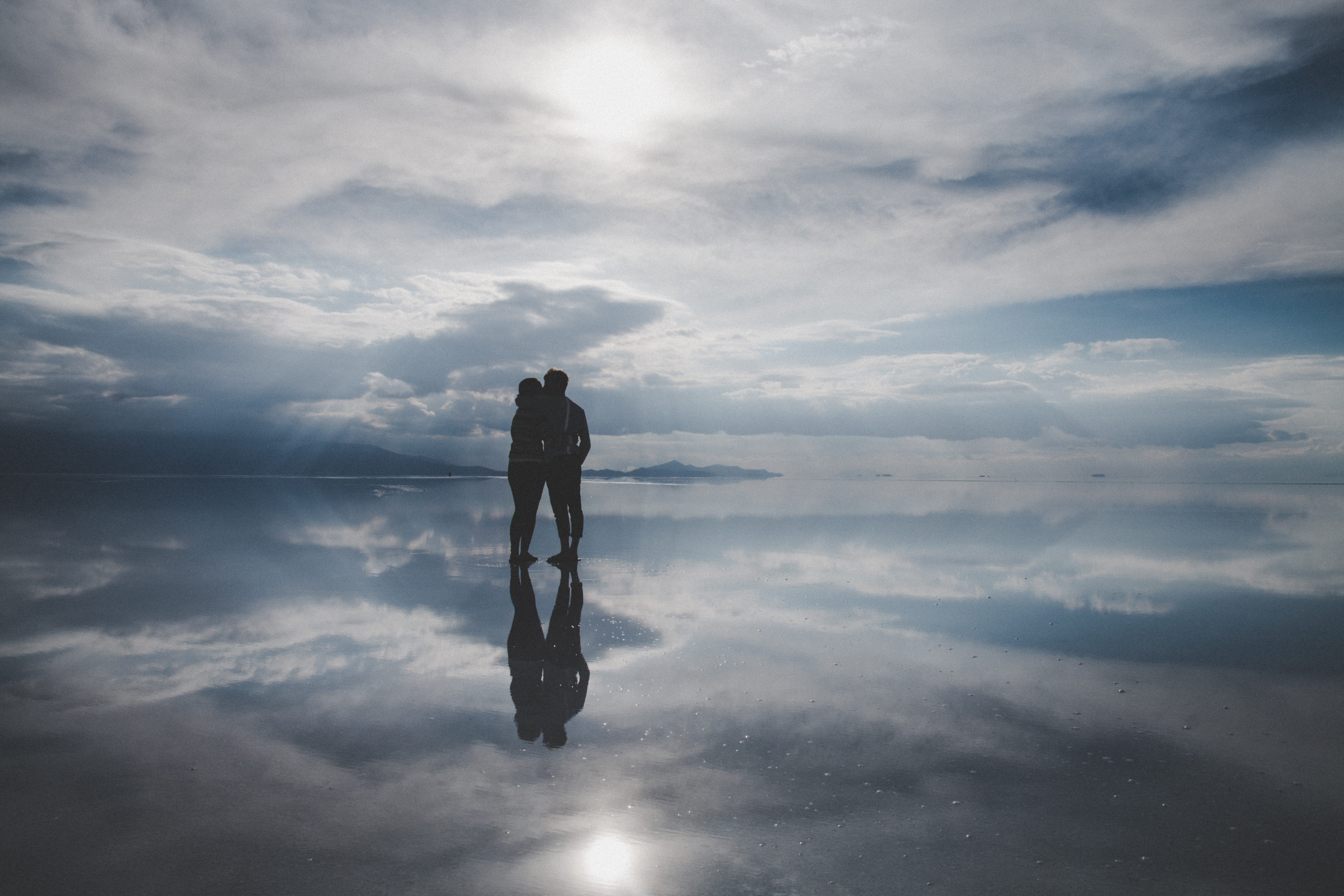 contemplation, tranquility, mountains, water, south america, full length, 5K, nature, uyuni, endless, men, adult, cloud - sky, rain, lake, love, scenics - nature, HD Wallpaper