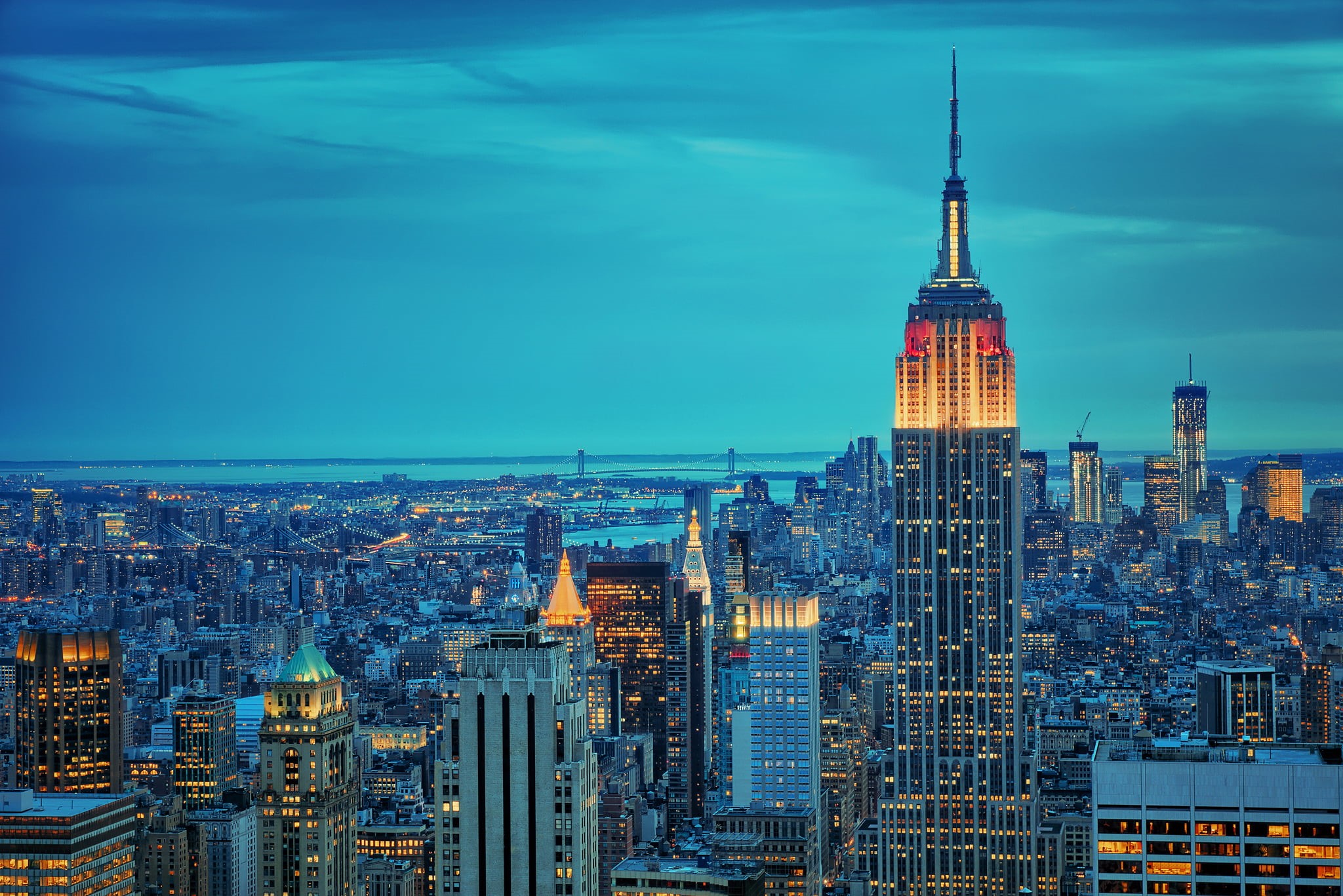 urban Skyline, midtown Manhattan, buildings, uSA, outdoors, empire State Building, the city, Brooklyn, business, 1080P, high Angle View, skyscraper, hudson River, HD Wallpaper