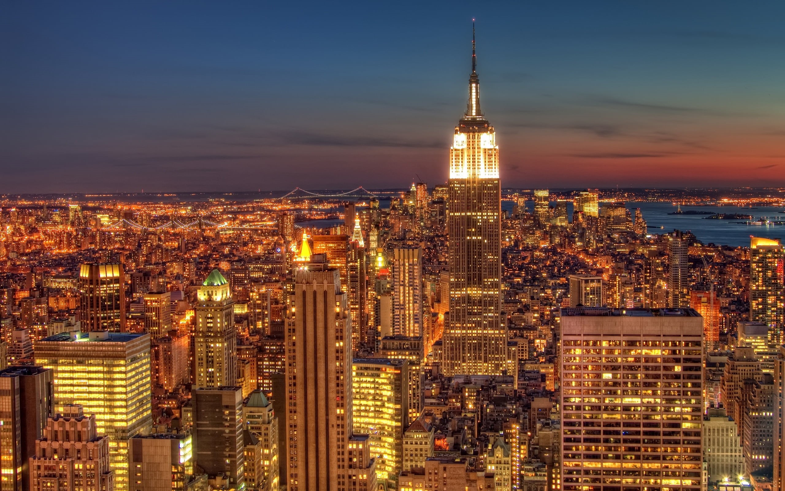 skyscrapers, crowded, crowd, tower, business, dusk, panoramic, 2K, night, modern, building Exterior, empire State Building, freedom Tower - New York, midtown Manhattan, HD Wallpaper