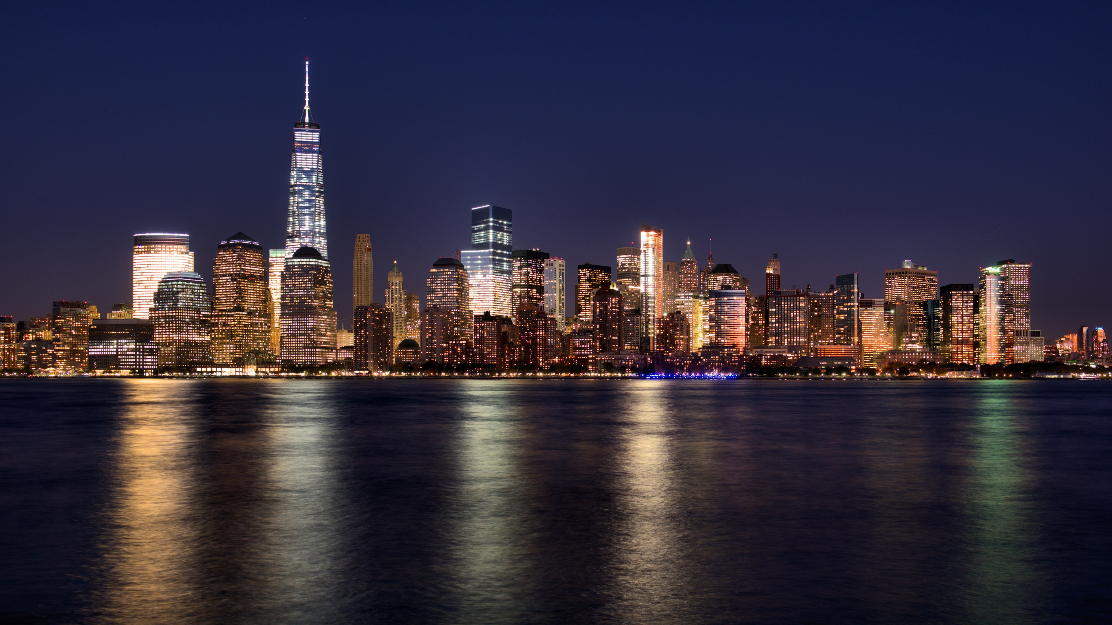 one world trade center, dusk, landmark, manhattan, new york, water, lower manhattan, 4K, night, new york city, freedom tower, nyc, metropolis, city, skyscraper, HD Wallpaper