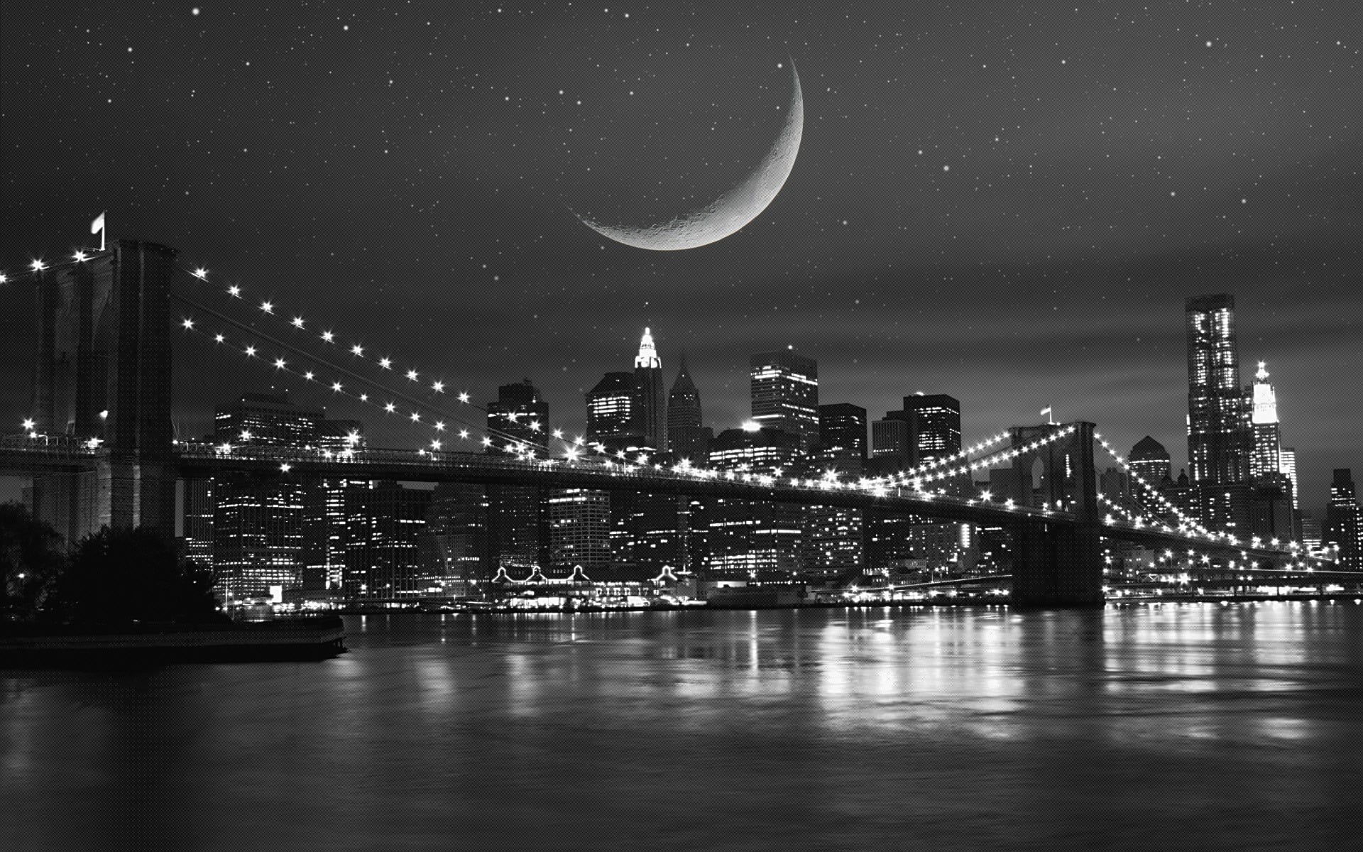 stars, dark, bridge, illuminated, full moon, waterfront, brooklyn - New York, black, city Life, urban Scene, modern, urban Skyline, architecture, famous Place, HD Wallpaper