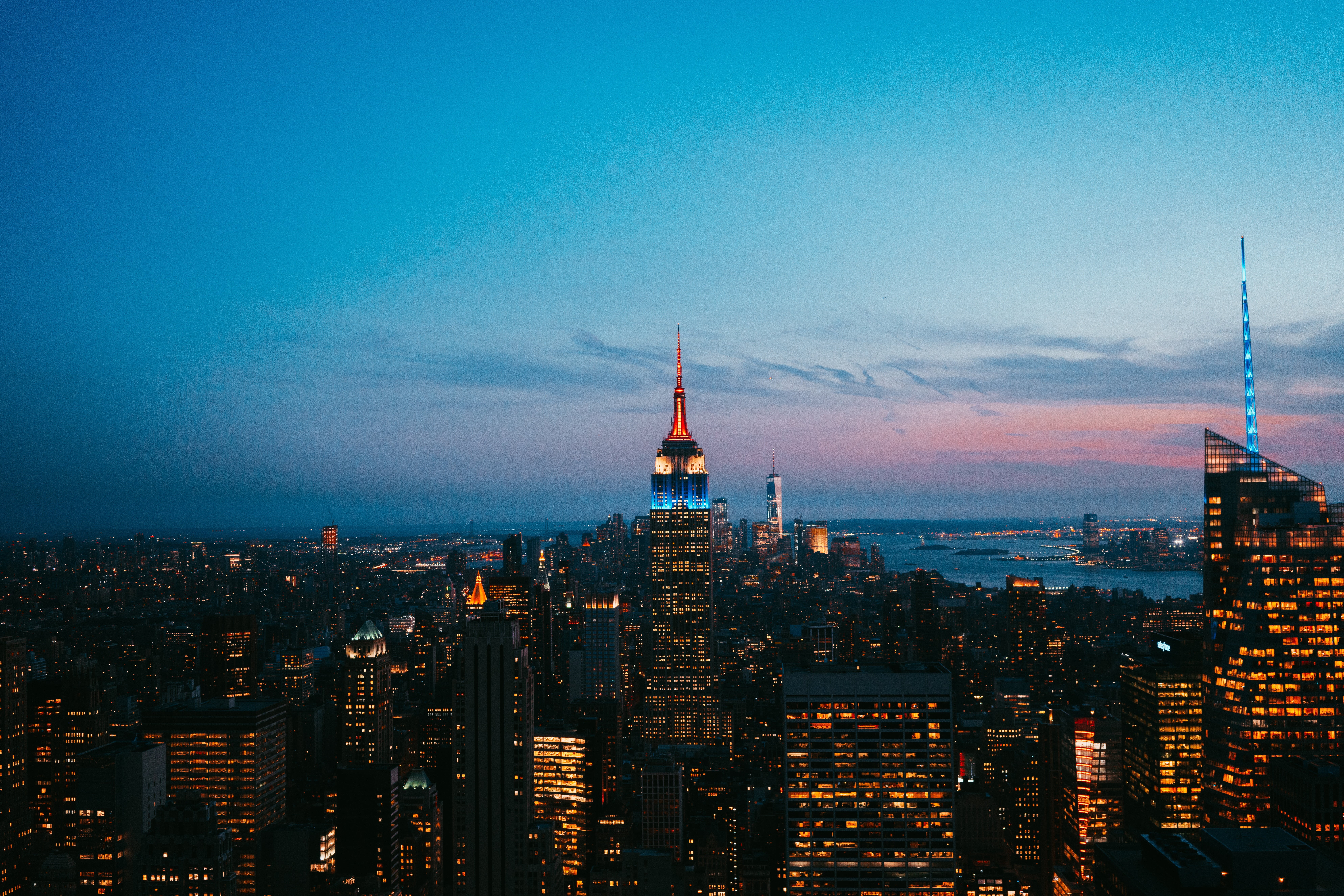 famous Place, night, scenics, twilight, city Life, building, panoramic, cityscape, chrysler, urban Scene, sky, illuminated, skyscrapers, office Building, HD Wallpaper