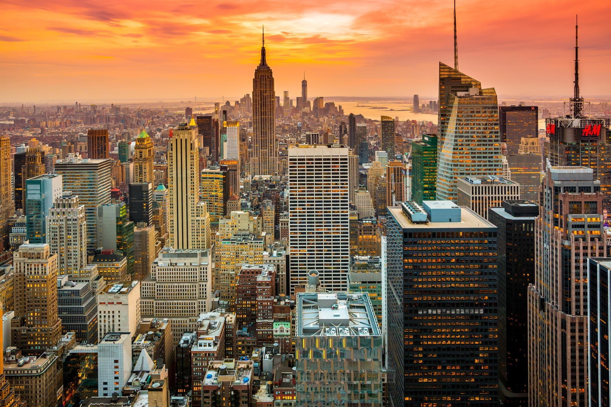 New York City, tall - high, sunset, crowded, office building exterior, skyscraper, Empire State Building, financial district, urban skyline, spire, One World Trade Center, HD Wallpaper