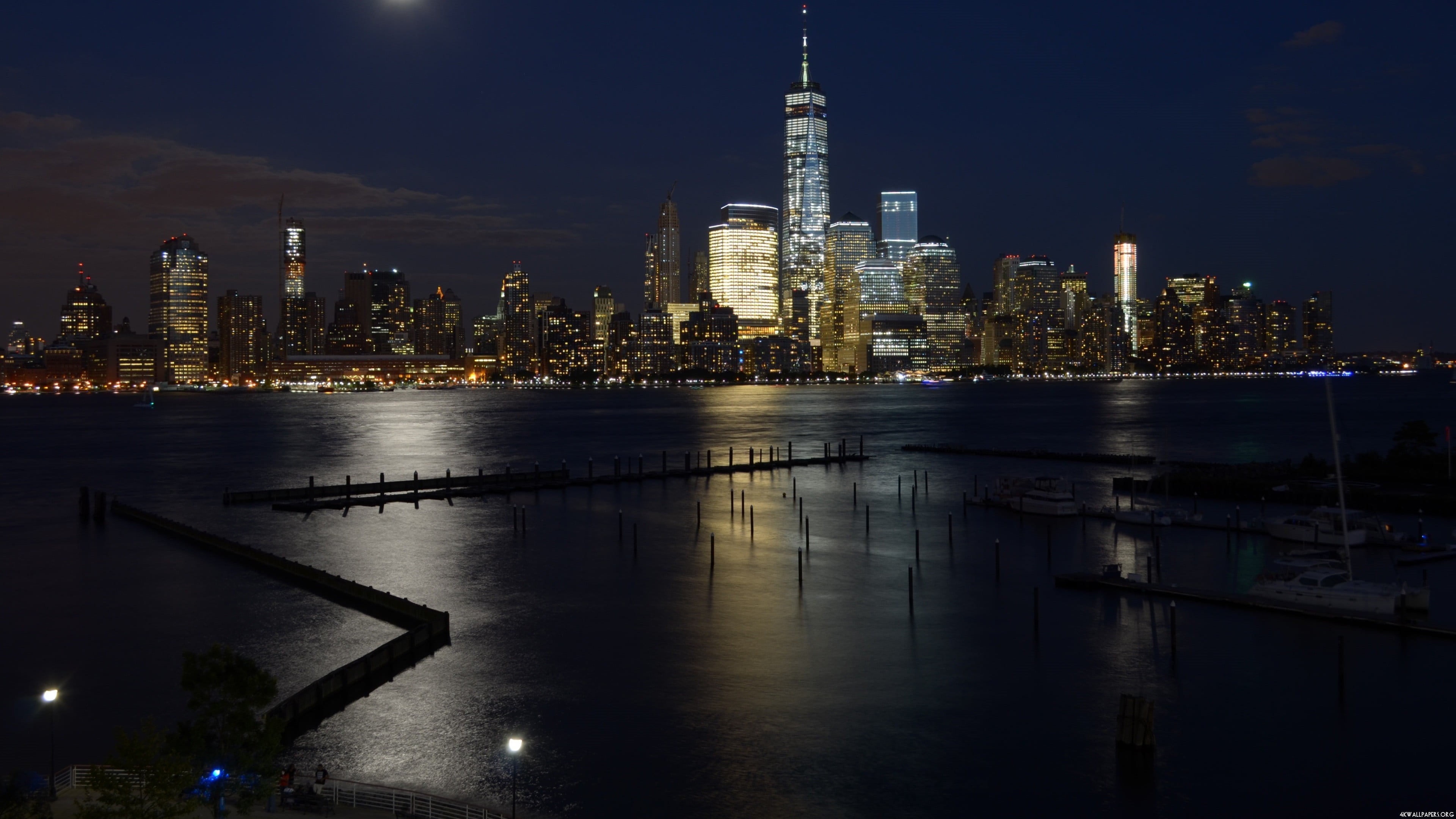 building exterior, city, Manhattan, office, sky, lights, office building exterior, clouds, building, One World Trade Center, landscape, cityscape, water, HD Wallpaper