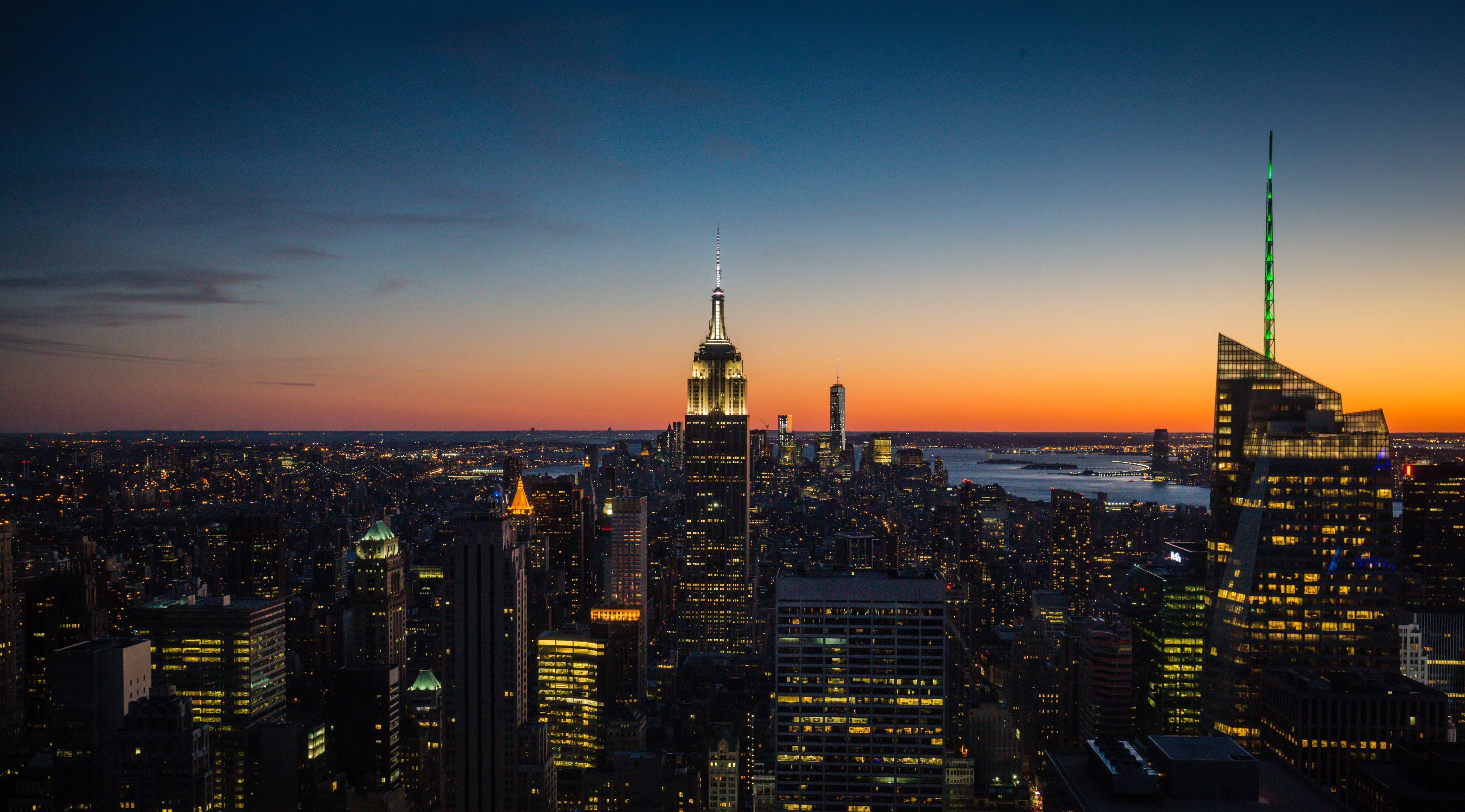 5K, United States, New York, The Empire state building, OWTC, Manhattan, the sky, 1WTC, twilight, One World Trade Center, HD Wallpaper
