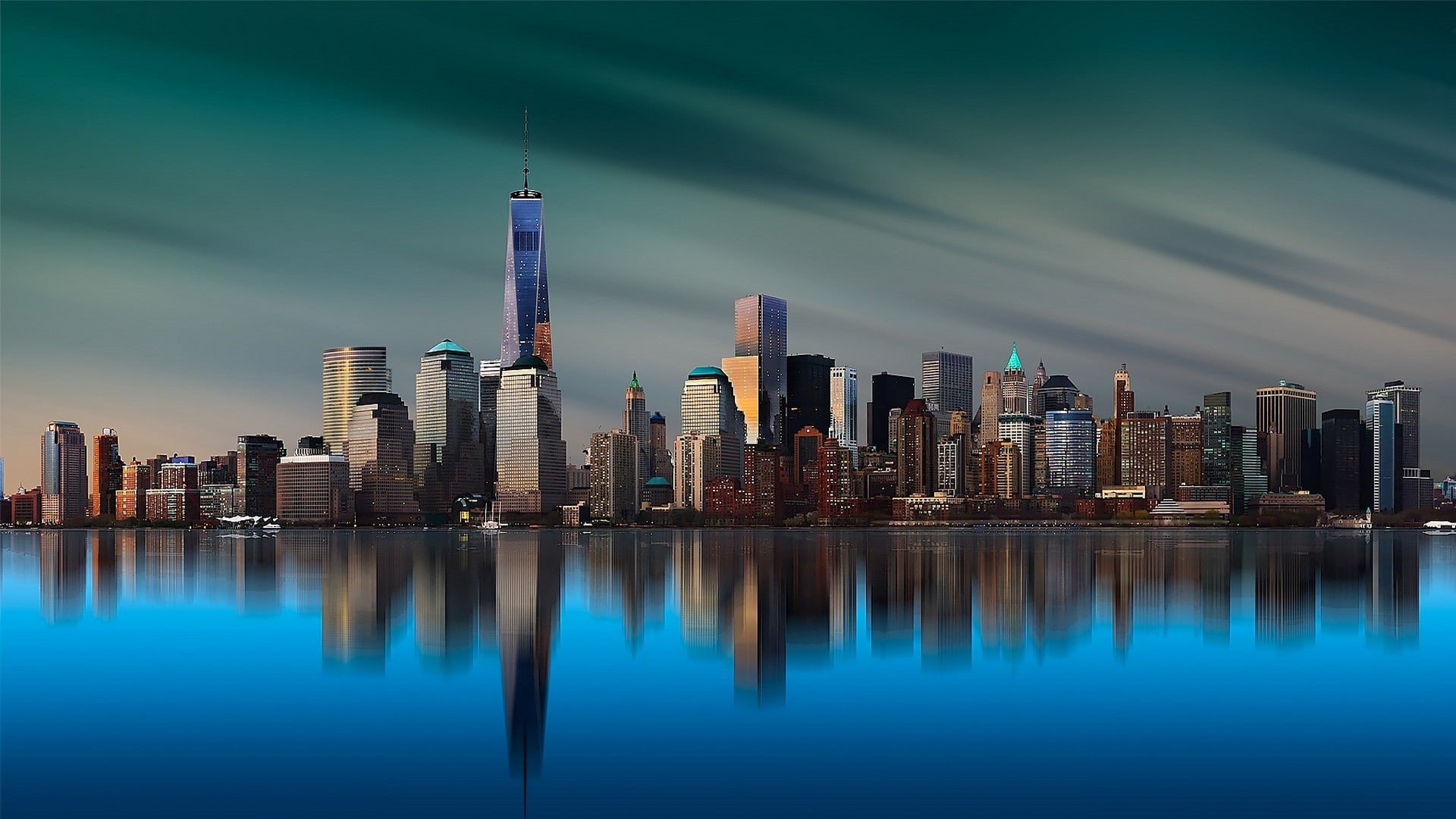 skyline, building, island, One World Trade Center, metropolis, calm, long exposure, water, Manhattan, cityscape, skyscraper, World Trade Center, CGI, sea, HD Wallpaper