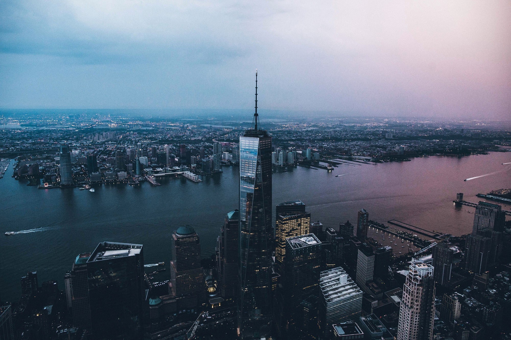 Manhattan, helicopter view, 1080P, One World Trade Center, boat, river, New York City, cityscape, HD Wallpaper