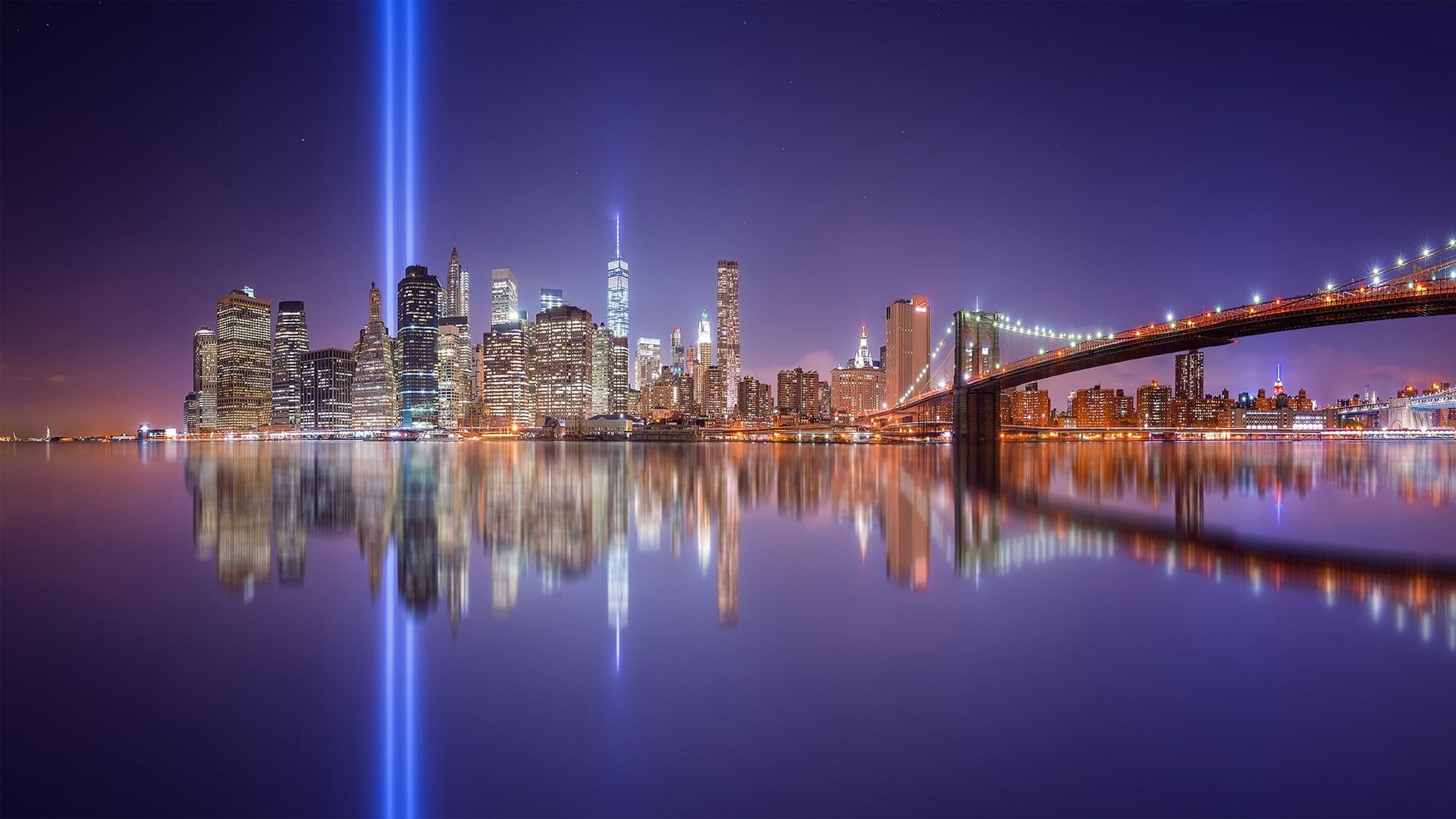 reflection, office building exterior, purple, illuminated, residential district, outdoors, bridge, architecture, water, Manhattan, 1080P, city, building exterior, HD Wallpaper