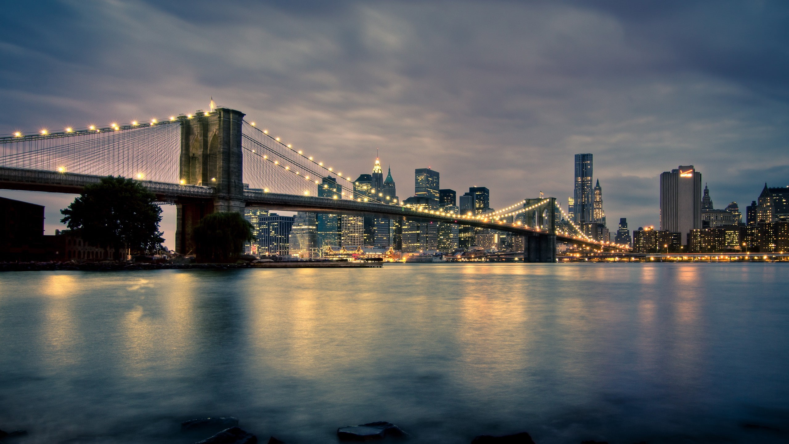 buildings, skyscrapers, hd, york, brooklyn, river, lights, 2K, new, bridge, cityscape, HD Wallpaper