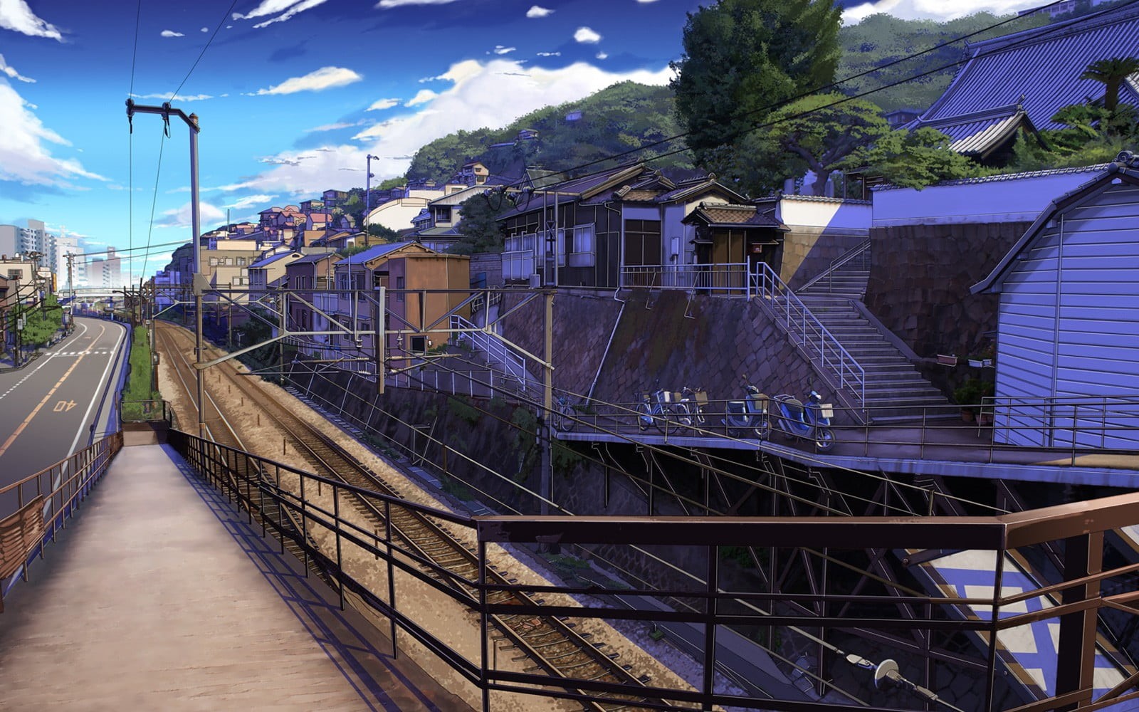 no people, transportation, concrete, landscape, cloud - sky, railroad track, anime, road, electricity, outdoors, tree, track, building, day, architecture, HD Wallpaper