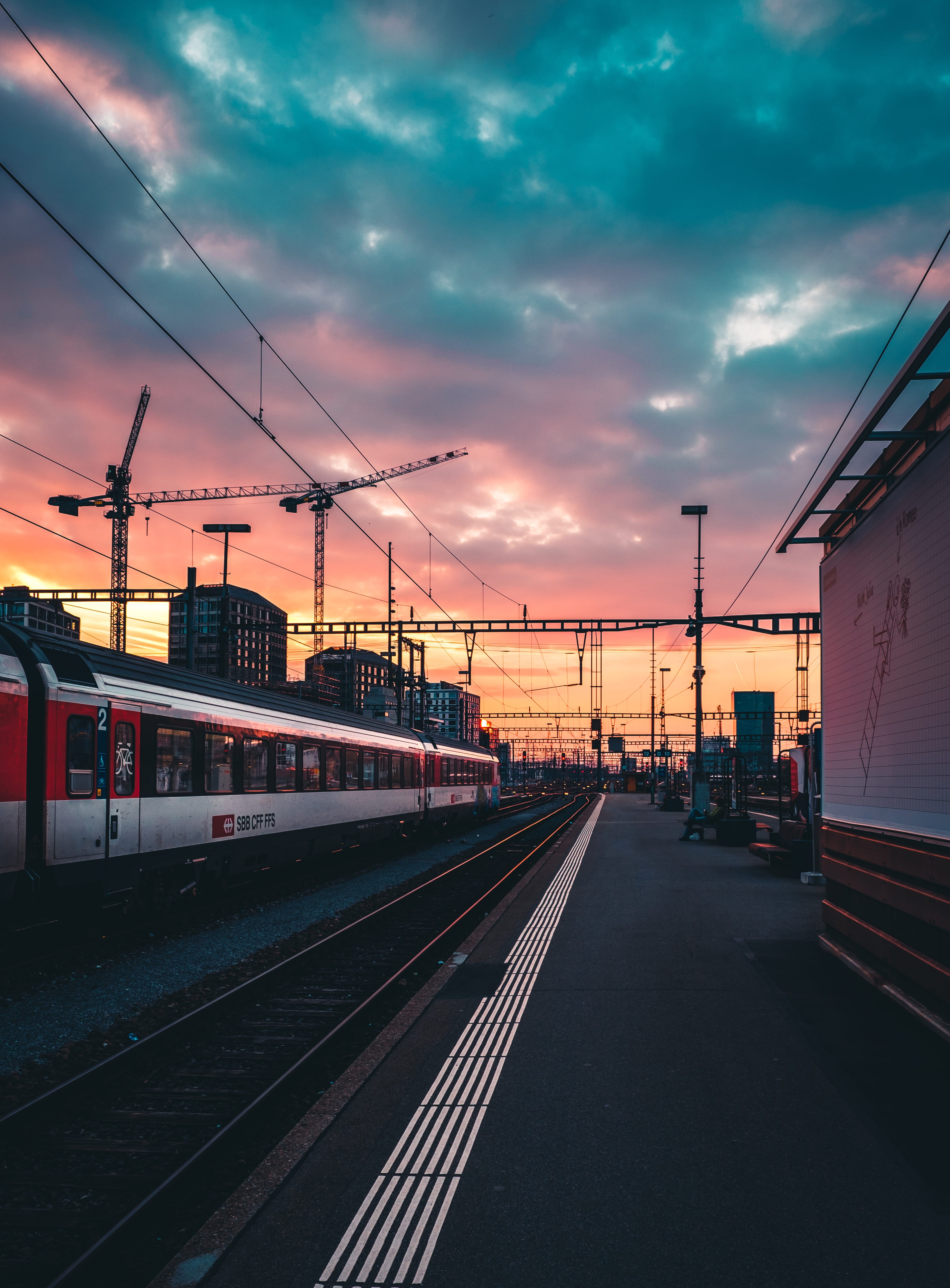 railroad track, clouds, zurich, transportation, no people, architecture, mode of transportation, train - vehicle, sky, station, moody, switzerland, public transportation, Phone HD Wallpaper