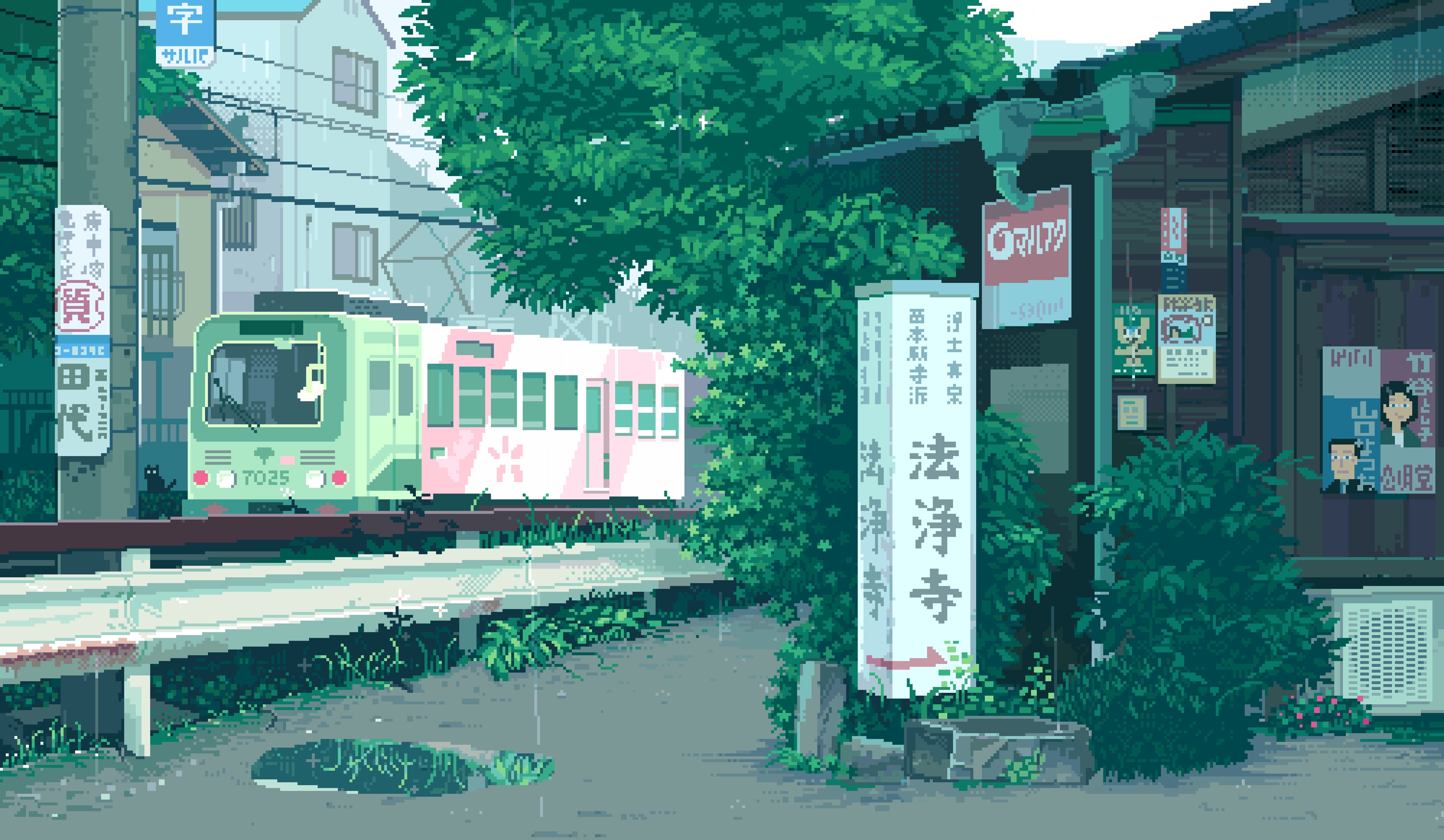 puddle, rain, pixels, pixel art, tram, 4K, cherry blossom, Black Cat, HD Wallpaper