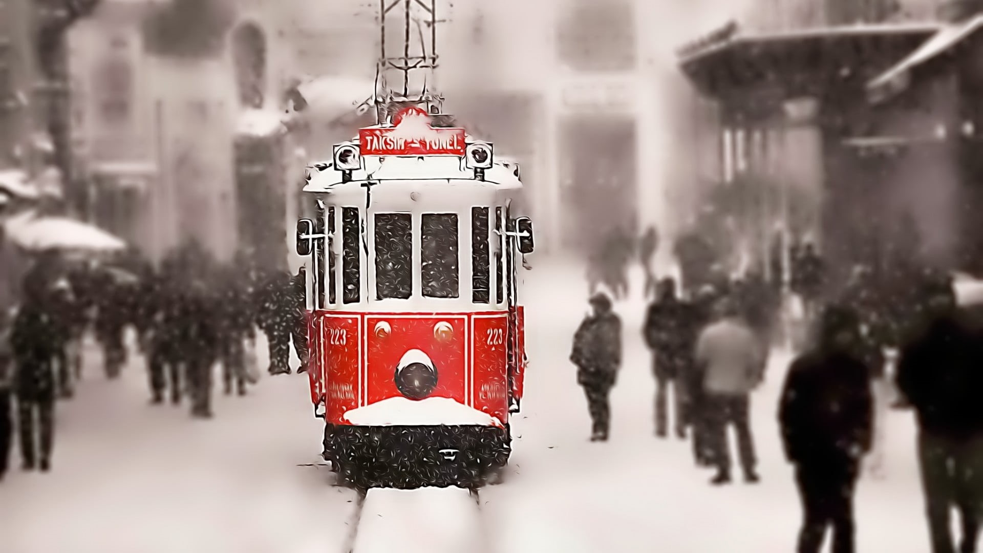 Turkey, tram, blizzard, transportation, city street, cable car, city, focus on foreground, mode of transportation, unrecognizable person, small, 1080P, HD Wallpaper