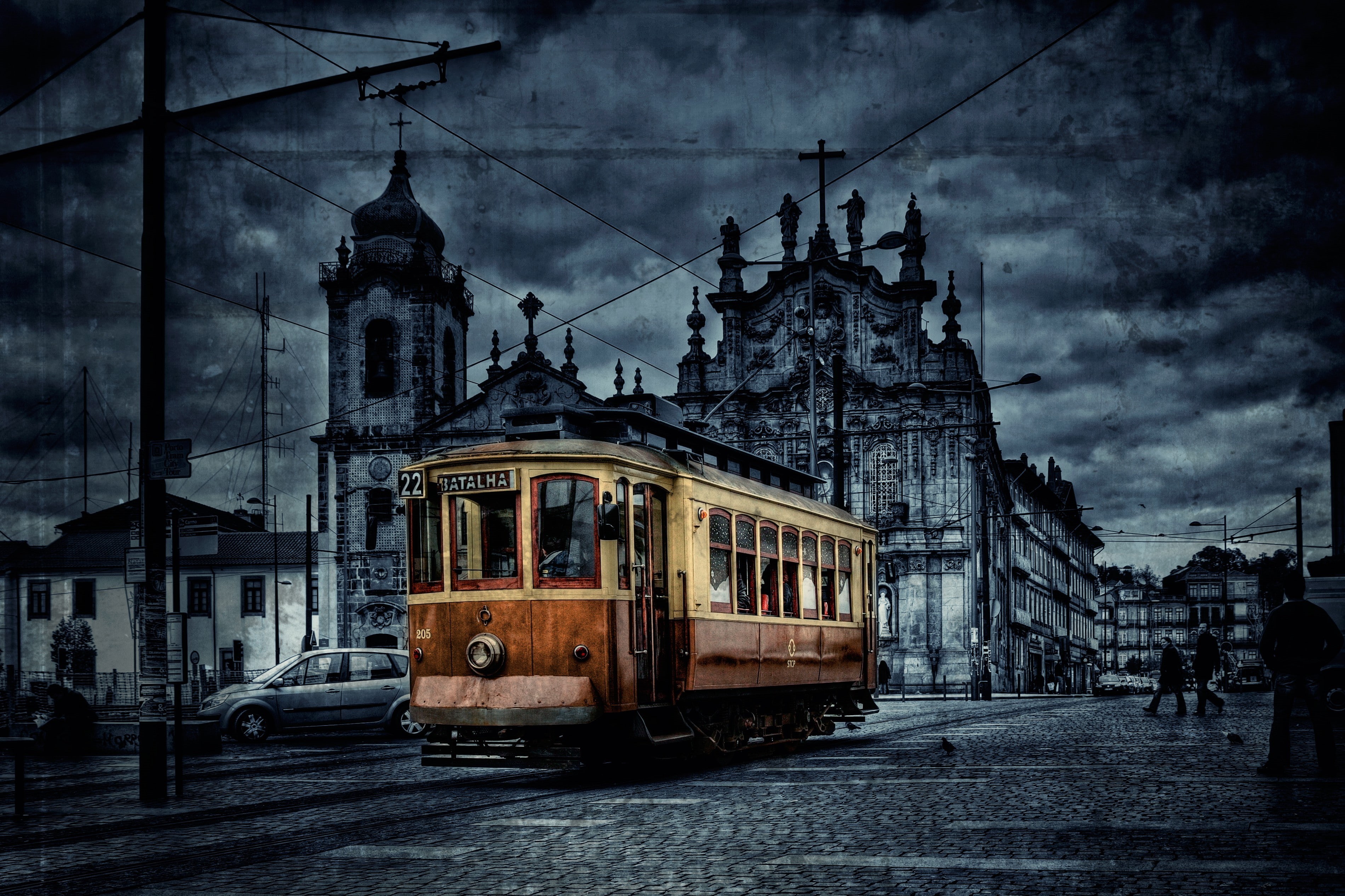 digital art, city, tram, cityscape, vehicle, 2K, HDR, HD Wallpaper