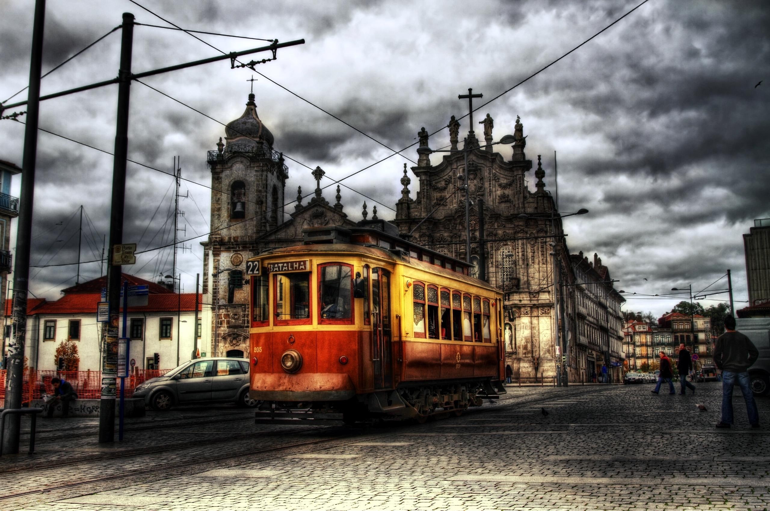 tram, clouds, beige, train, brown, old, city, 2K, illustration, street, 3d and abstract, buildings, HD Wallpaper