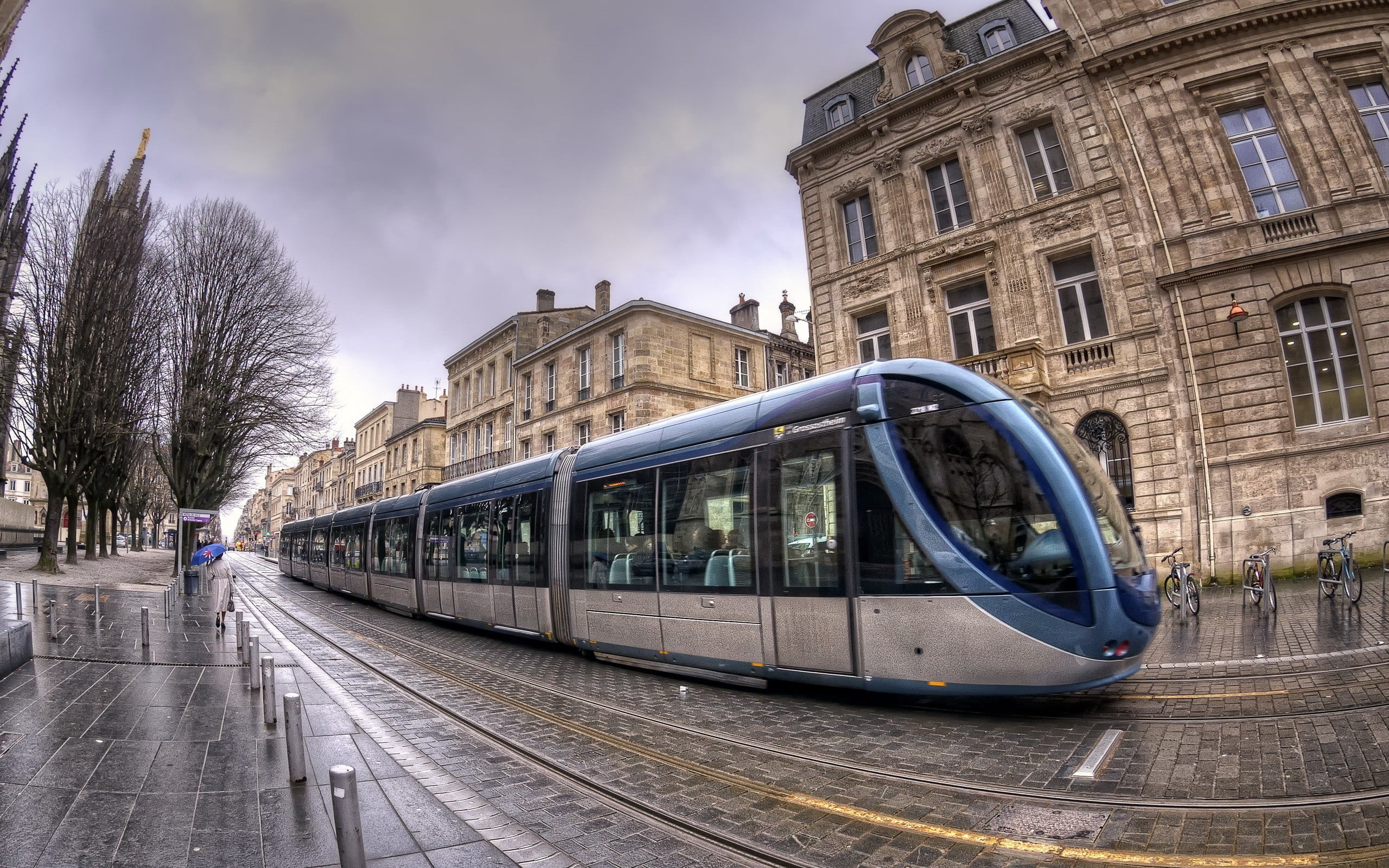 mode of transportation, day, track, outdoors, transportation, tram, nature, rail transportation, HDR, built structure, Bordeaux, blue, cityscape, sky, train, HD Wallpaper