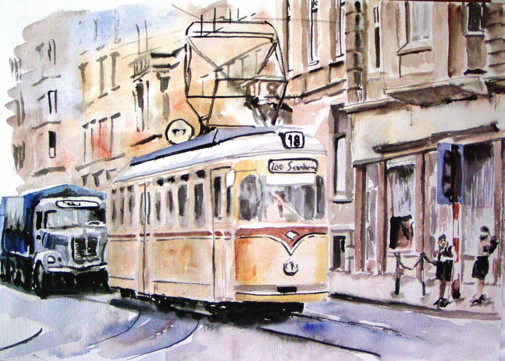 transportation, urban, building exterior, day, outdoors, car, tram, architecture, street, mural, text, artwork, Thomas Müller, 720P, no people, public transportation, HD Wallpaper