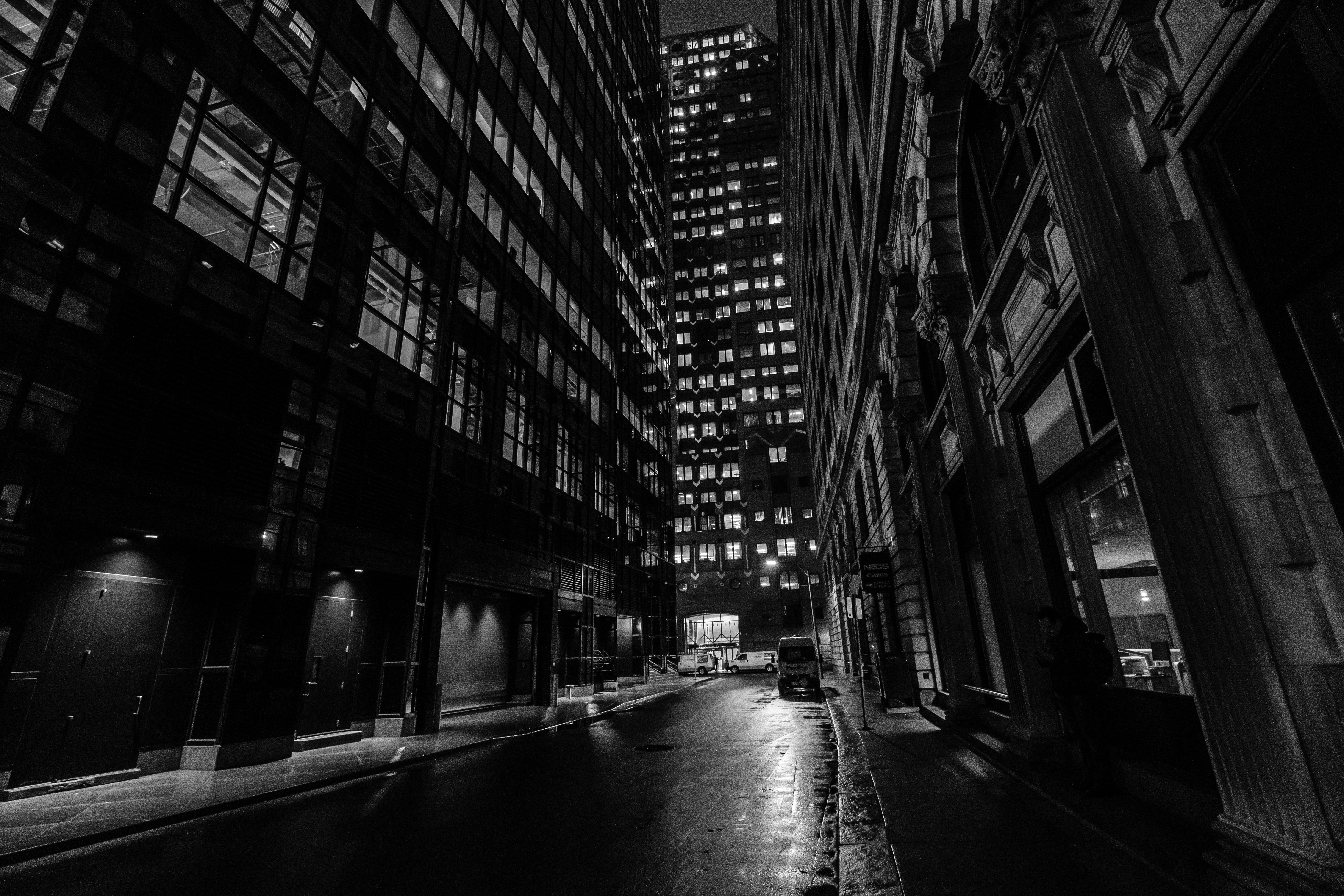 illuminated, no people, motor vehicle, building, empty, built structure, diminishing perspective, street, building exterior, urban, tower, outdoors, long, HD Wallpaper