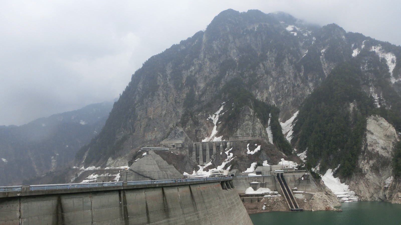 mountains, sky, forest, mountain, scenics - nature, snow, travel, transportation, mountain range, Japan, Kurobe Dam, built structure, nature, gray, connection, HD Wallpaper