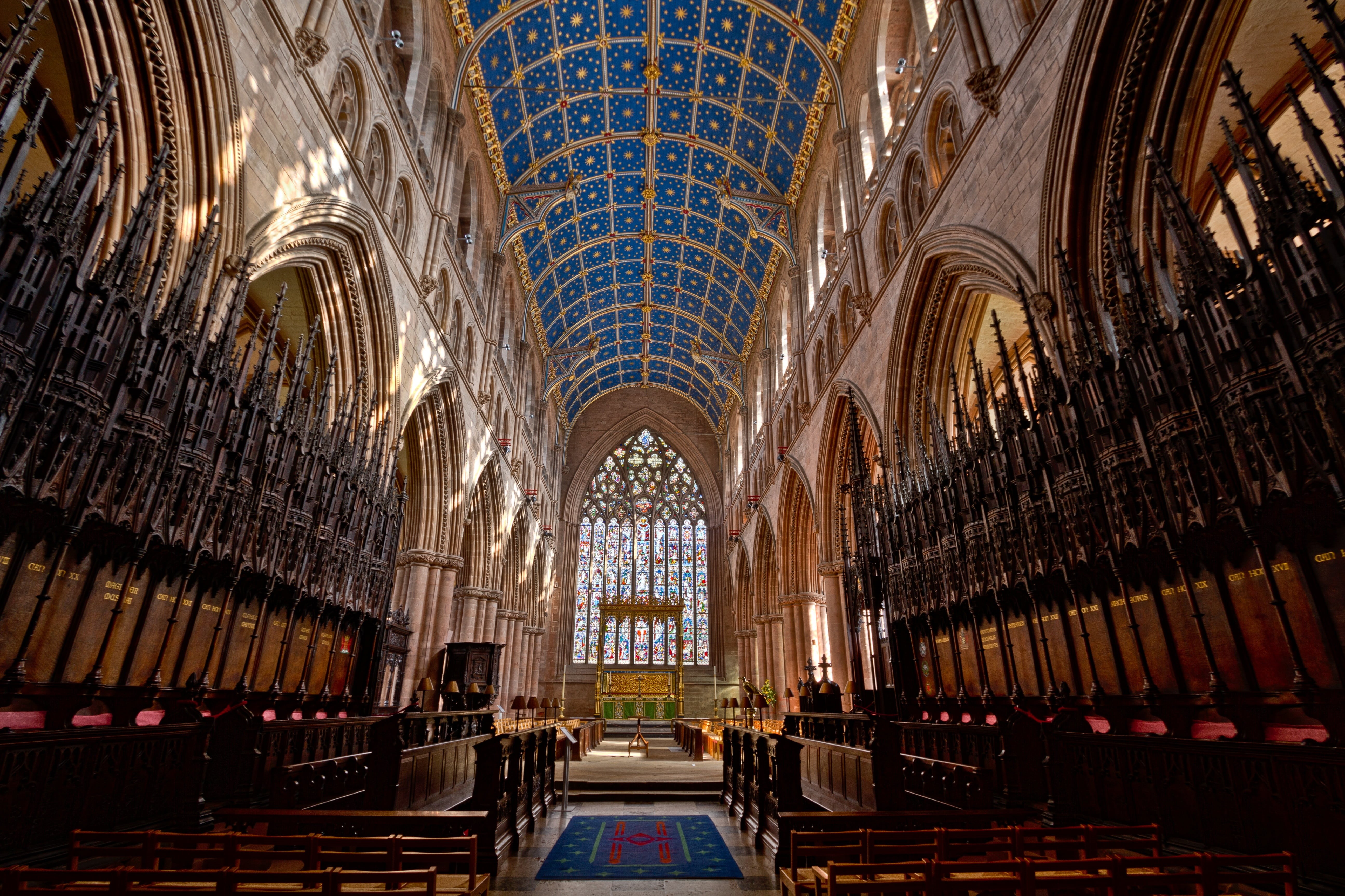 carpet, 5K, empty, bench, religion, ceiling, glass, blue, sculpture, the past, church, indoors, aisle, building exterior, infrastructure, no people, architectural column, HD Wallpaper