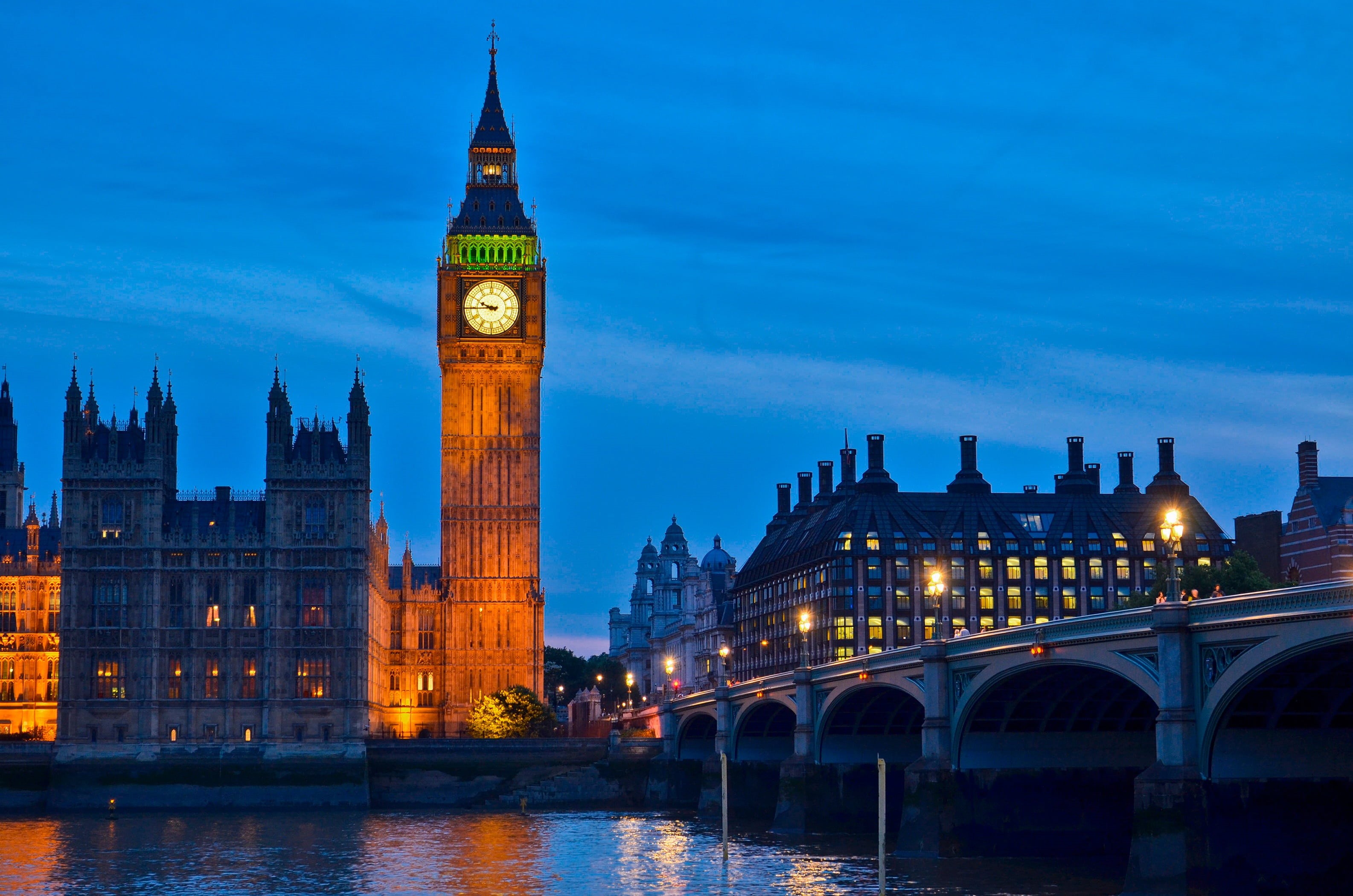 gothic style, architecture, bridge, london, infrastructure, photo, illuminated, outdoors, bridge - man made structure, water, dusk, time, lights, clock tower, HD Wallpaper