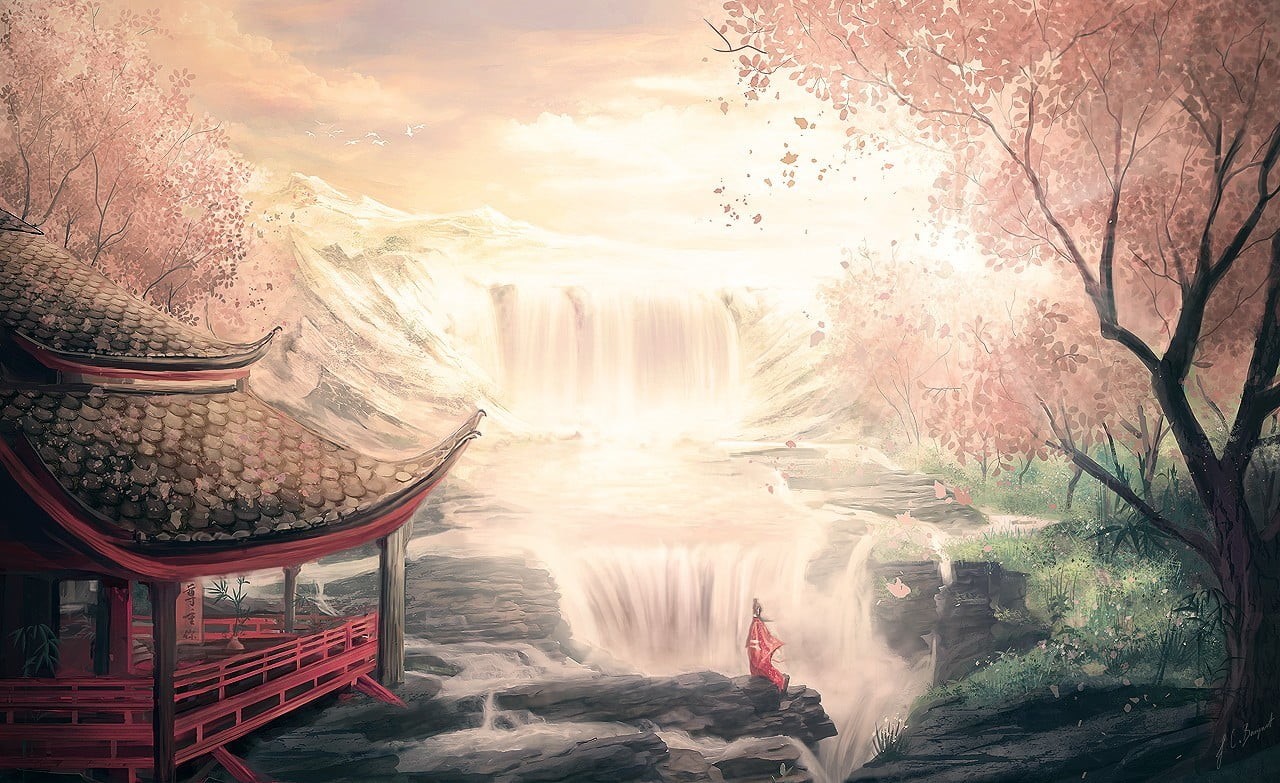 waterfall, plant, Japanese Garden, solid, leisure activity, beauty in nature, scenics - nature, women, tree, trees, travel destinations, travel, people, HD Wallpaper