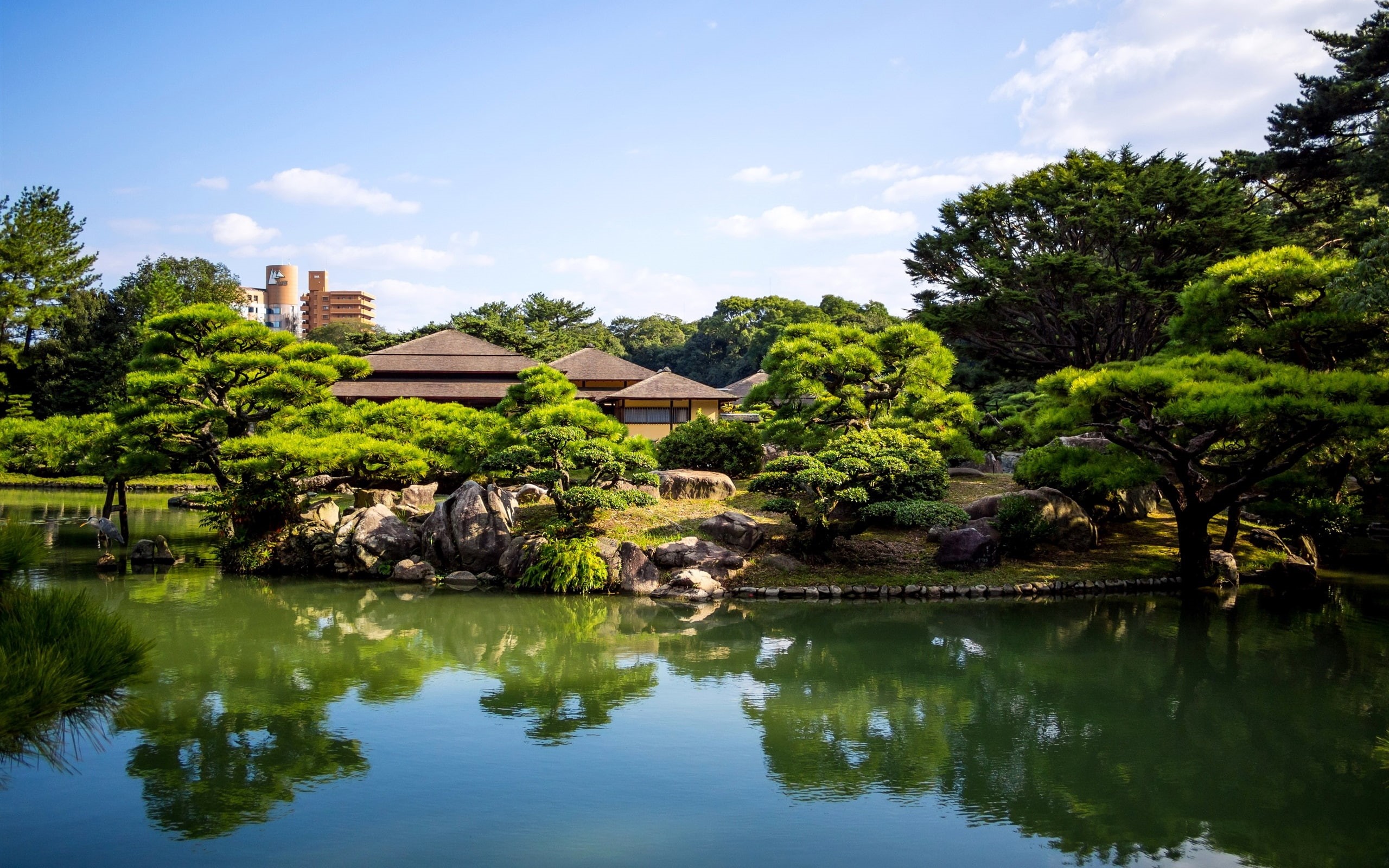 Ritsurin, Japan, Trees, Pond, 2K, Garden, House, HD Wallpaper