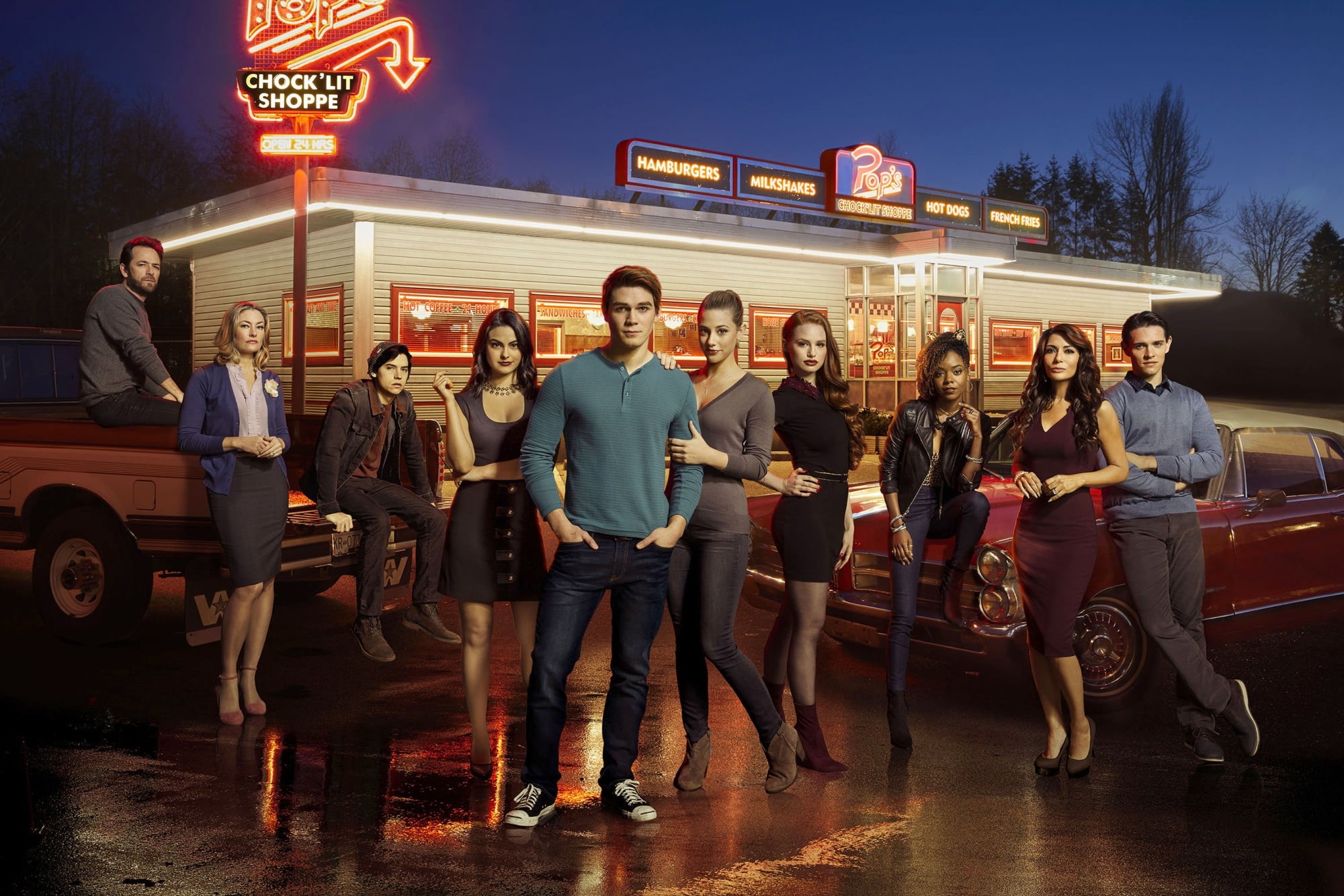 smiling, standing, the series, Camila Mendes, young adult, Riverdale, sky, Cole Sprouse, teenager, transportation, Lili Reinhart, people, looking at camera, HD Wallpaper