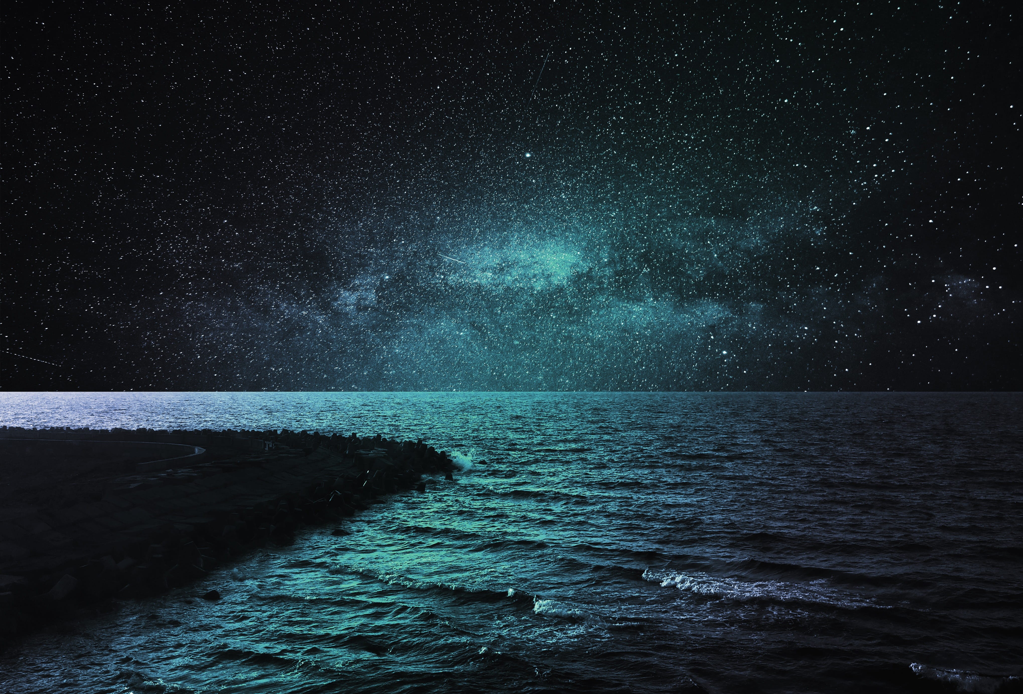 holidays, magic, galaxy, stars, sea, astronomy, star - space, no people, blue, ocean, landscape, air, scenics - nature, star field, night, wave, horizon, HD Wallpaper