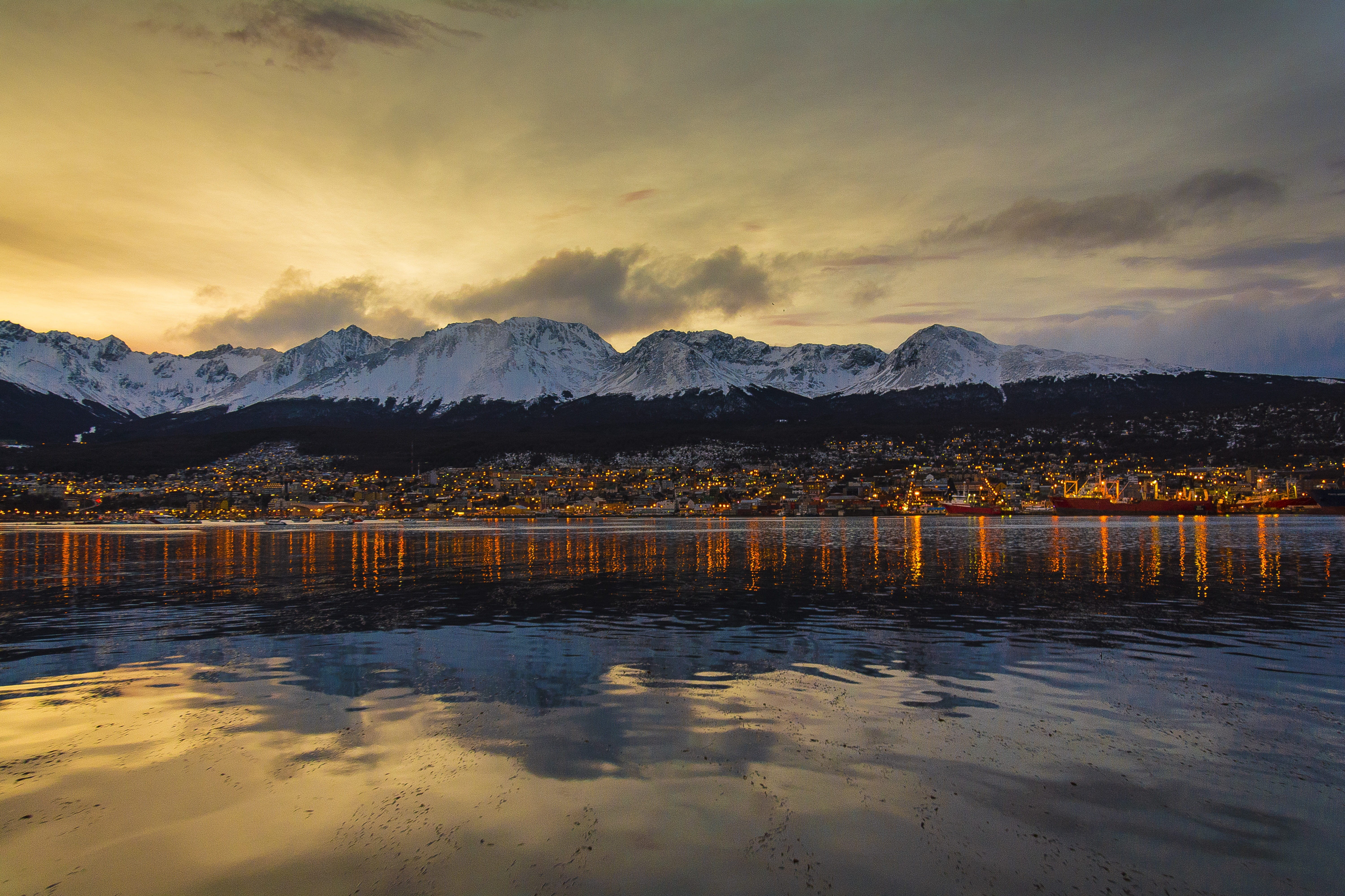 landscape, mountain peak, ushuaia, beauty in nature, mountain, reflection, 5K, water, sea, cloud - sky, outdoors, tranquility, cold temperature, waterfront, HD Wallpaper