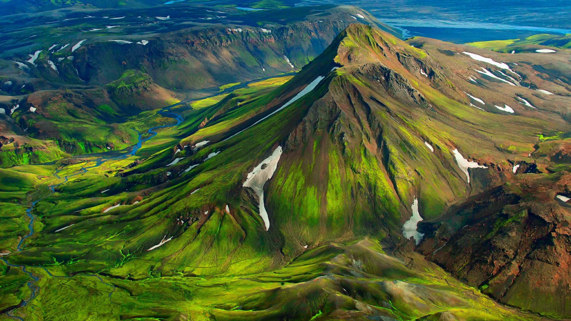 landmannalaugar, fjallabak nature reserve, water, beauty in nature, plant, non-urban scene, aerial view, field, nature, social issues, land, 1080P, grassland, HD Wallpaper