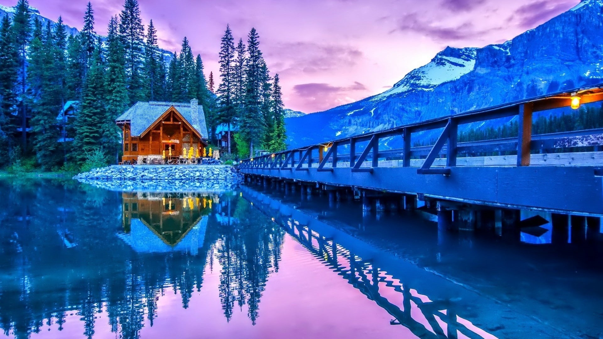 mount scenery, restaurant, reflection, nature, national park, sky, lodge, evening, purple sky, emerald lake, water, lake, 1080P, canada, rocky mountains, HD Wallpaper