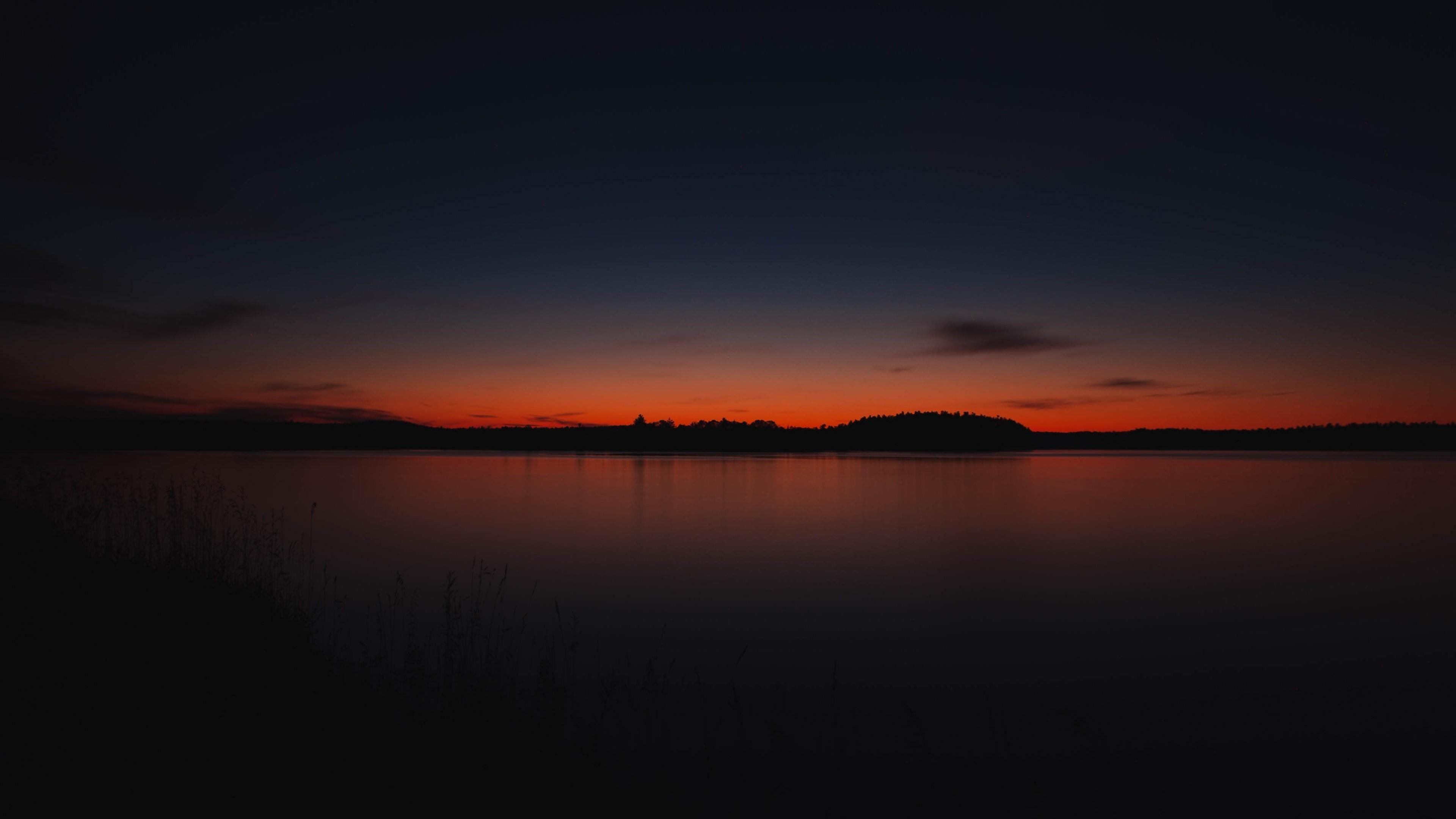 horizon, 4K, tranquility, united states, calm, romantic sky, reflection, twilight, water, tranquil scene, silhouette, cloud - sky, orange color, beauty in nature, HD Wallpaper