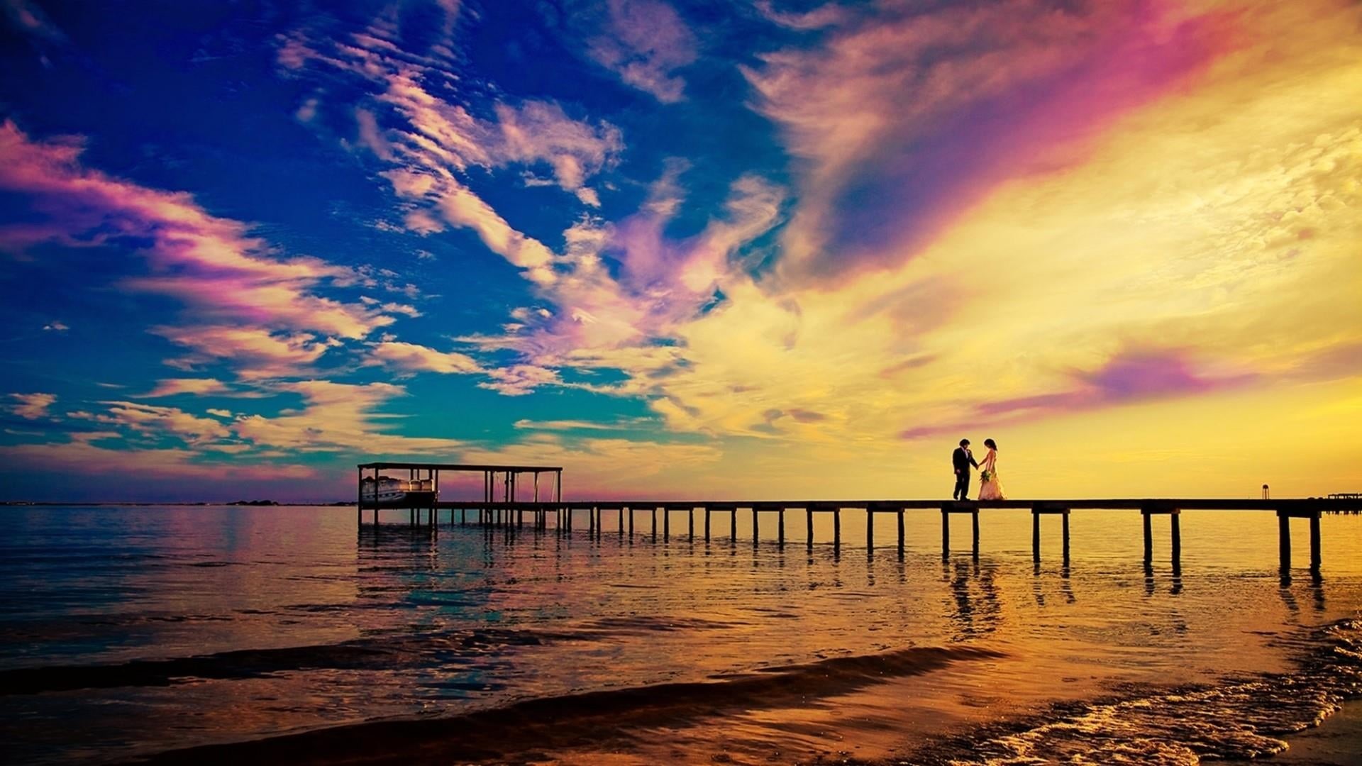 horizon, pier, one person, orange color, real people, beauty in nature, afterglow, cloud, ocean, beach, tranquility, horizon over water, dusk, colorful, HD Wallpaper