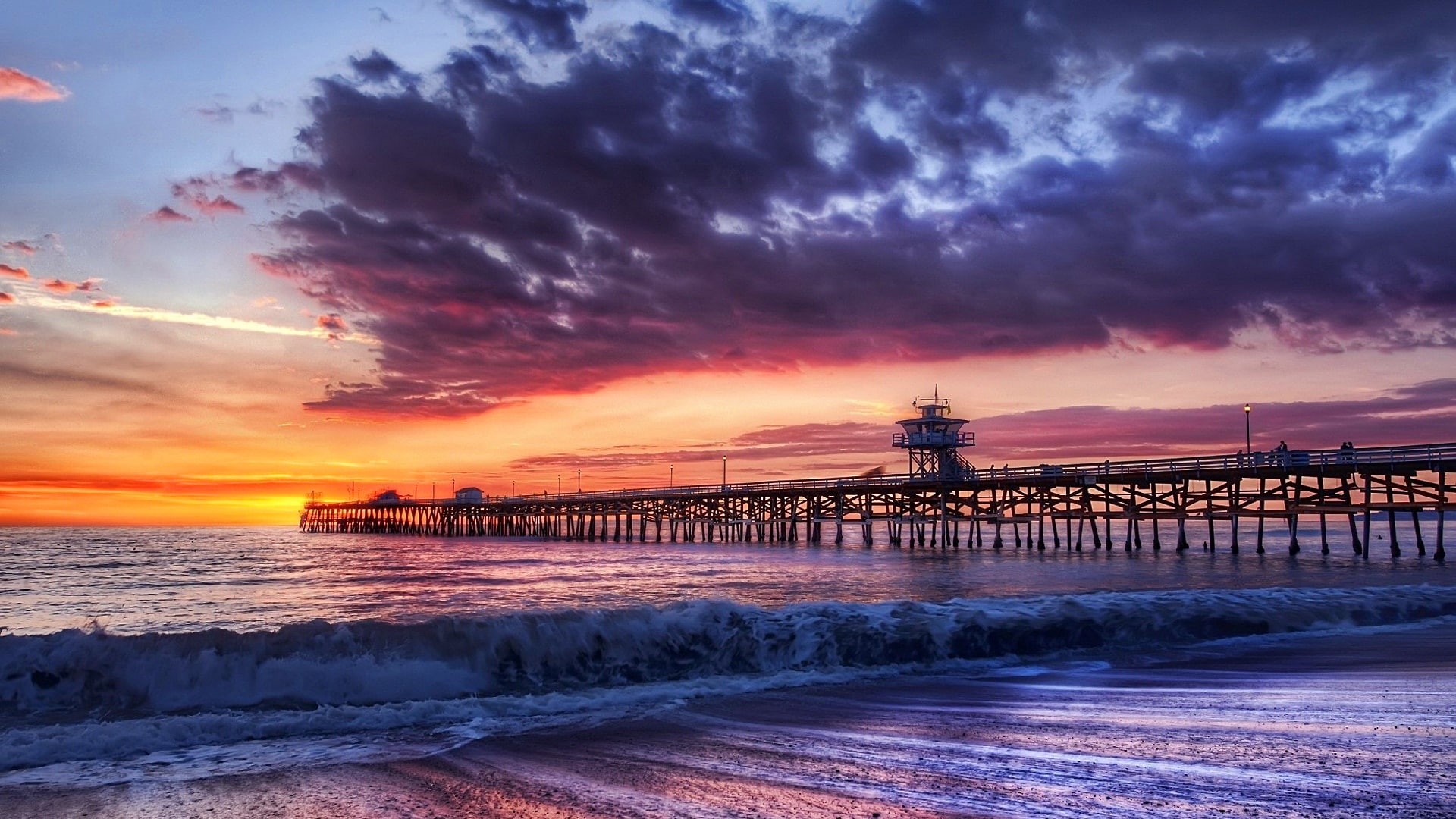 sunset, united states, clouds, sea, ocean, dusk, san clemente pier, san clemente, pier, sky, cloud, california, afterglow, shore, wave, 1080P, horizon, HD Wallpaper
