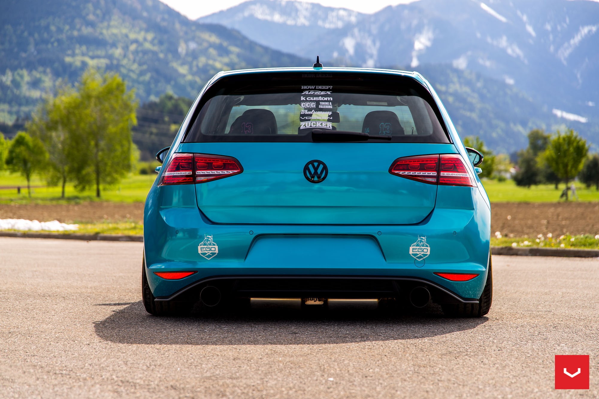 outdoors, mountain, gti, blue, day, stationary, travel, mode of transportation, tree, golf, 1080P, road trip, sunlight, retro styled, focus on foreground, HD Wallpaper