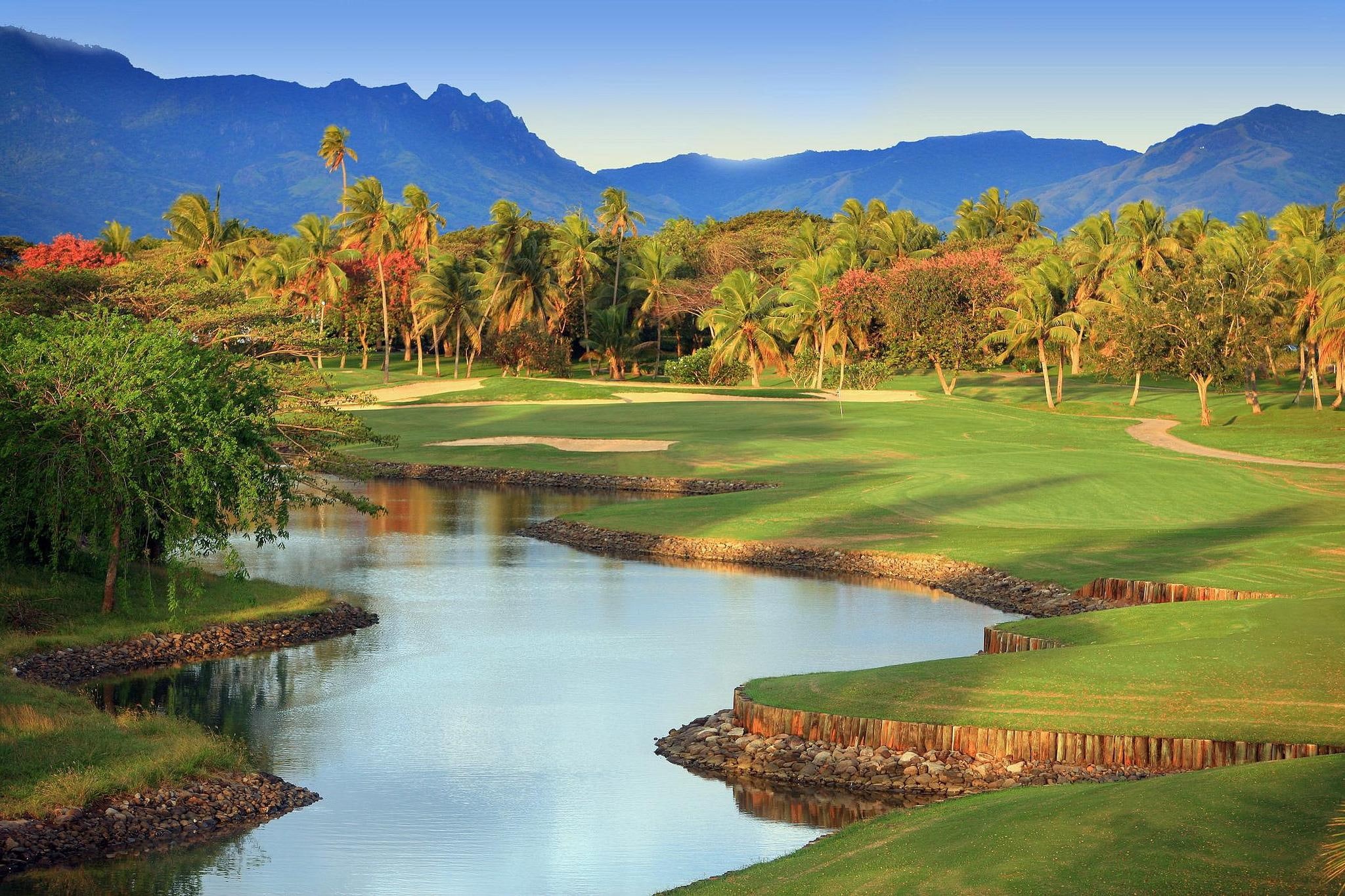 fiji, islands, course, golf, south-pacific, serene, green, lush, tropical, exotic, island, view, 1080P, mountains, polynesia, HD Wallpaper