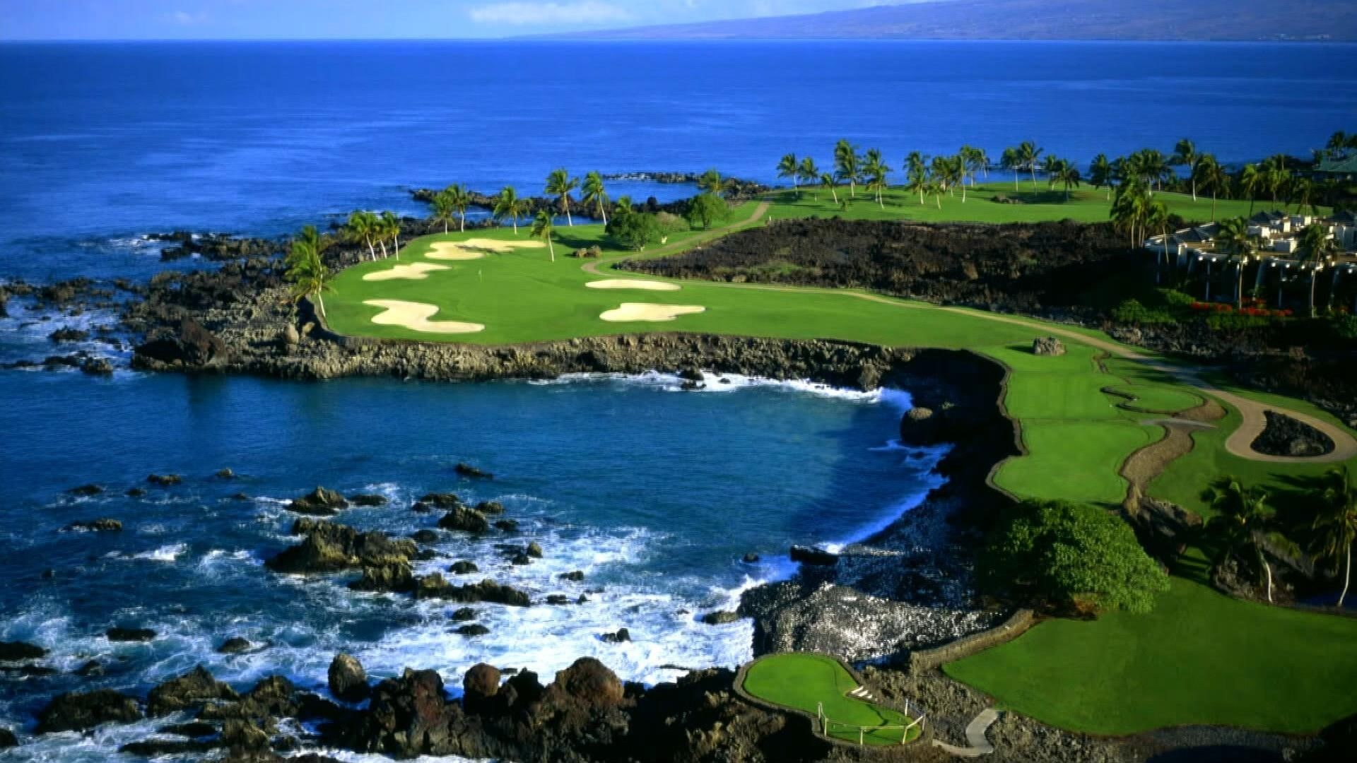 sport, beach, green color, day, travel destinations, golf, sea, land, golf course, green - golf course, leisure activity, aerial view, 1080P, water, no people, HD Wallpaper